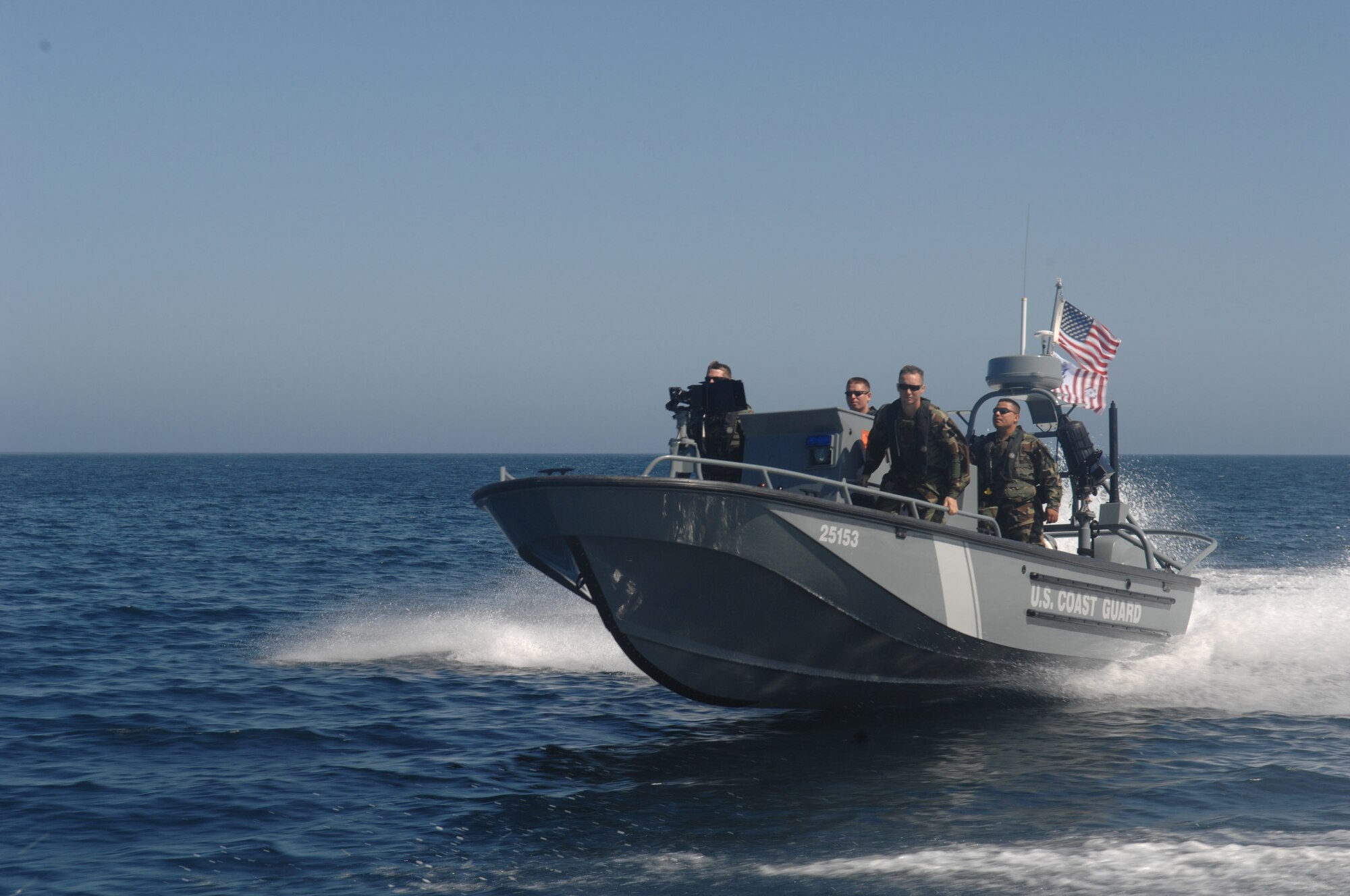 A Coast Guard patrol boat unloaded from a Travis AFB C-5 during the Patriot Hook exercise is on patrol duty.  Patriot Hook, a large-scale air mobility and contingency response exercise, took place in mid May for five days. An exercise that tests the viability of coordinated security, disaster and medical response operations, it involved some 300 people who moved approximately one and one-half million pounds of cargo from separate operating locations. Patriot Hook is a yearly largescale air mobility exercise involving Air Force Reserve Command airlift control flights, flying units and aerial port. The exercise provides a fully integrated combined joint task force and air mobility training in conjunction with individual training requirements. Participating affiliates this year included: U.S. Coast Guard, U.S. Navy, U.S. Army, FBI, FEMA, U.S. Border Patrol and U.S. Navy San Clemente staff. (U.S. Air Force photos by Senior Airman Erica J. Knight) 