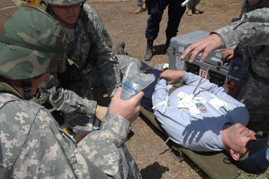 A simulated casualty is treated and ready to be evacuated during the Patriot Hook exercise. Patriot Hook, a large-scale air mobility and contingency response exercise, took place in mid May for five days. An exercise that tests the viability of coordinated security, disaster and medical response operations, it involved some 300 people who moved approximately one and one-half million pounds of cargo from separate operating locations. (U.S. Air Force photos by Senior Airman Erica J. Knight)