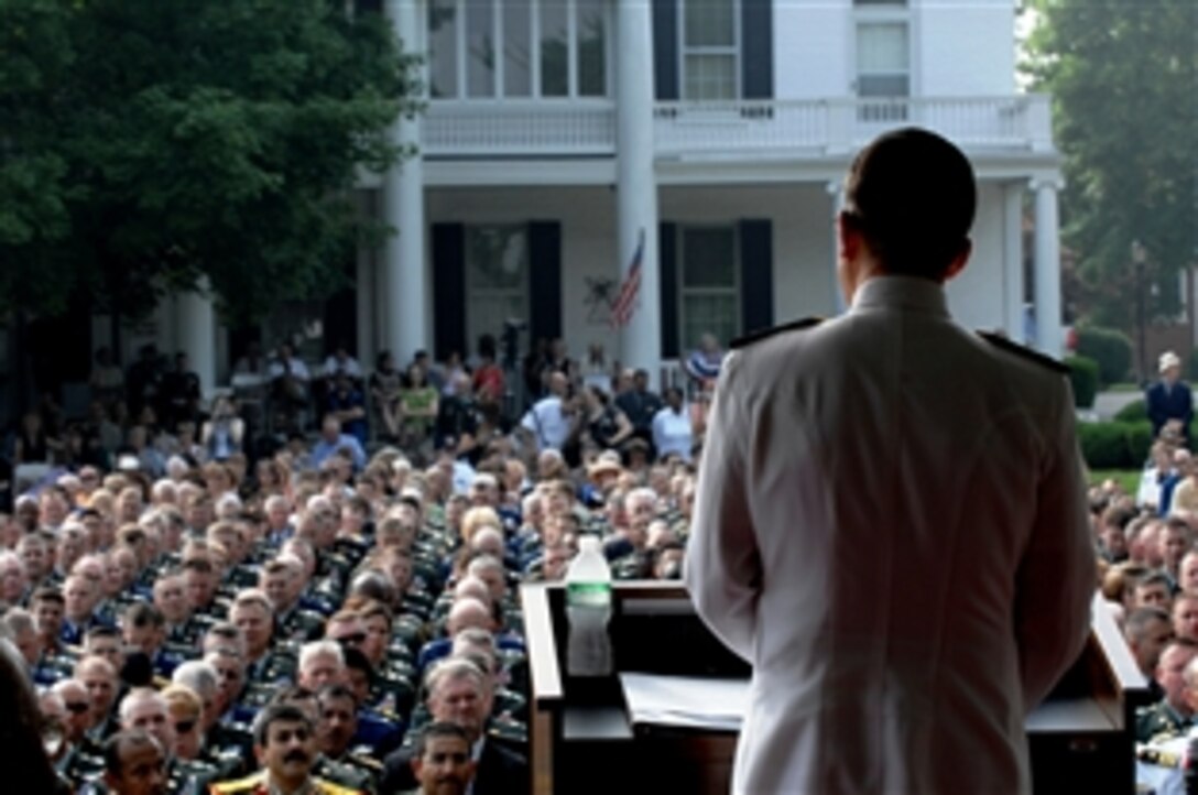 Chairman of the Joint Chiefs of Staff Navy Adm. Mike Mullen speaks at the Army War College graduation, June 7, 2008, at Carlisle Barracks, Pa. During his speech, Mullen highlighted the need for senior officers to listen to their junior officers. 