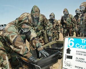 Air Force Reservists from the 940th Air Refueling Wing practice going through a transition control point in a simulated chemical warfare environment June 8, 2008 at Beale Air Force Base, Calif.  Reservists are required to maintain the same level of combat readiness as their active duty counterparts. (U.S. Air Force Photo/ Staff Sgt. Luke Johnson)