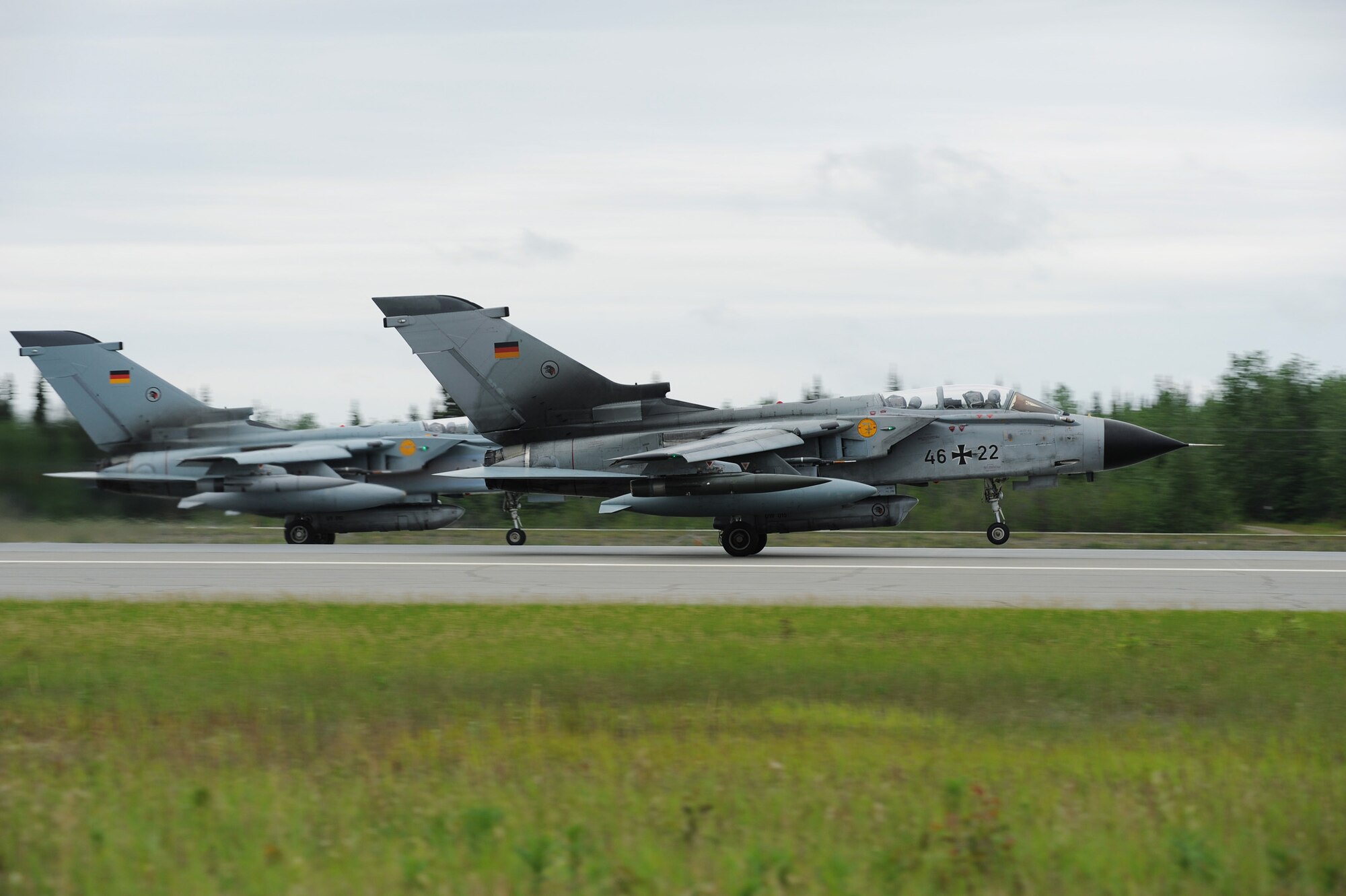 Two German Panavia Tornados take off for a training mission June 9, 2008, at Eielson Air Force Base, Alaska during RF-A 08-3. RED FLAG-Alaska, a series of Pacific Air Forces commander-directed field training exercises for U.S. forces, provides joint offensive counter-air, interdiction, close air support, and large force employment training in a simulated combat environment. (U.S. Air Force Photo/Airman 1st Class Jonathan Snyder)