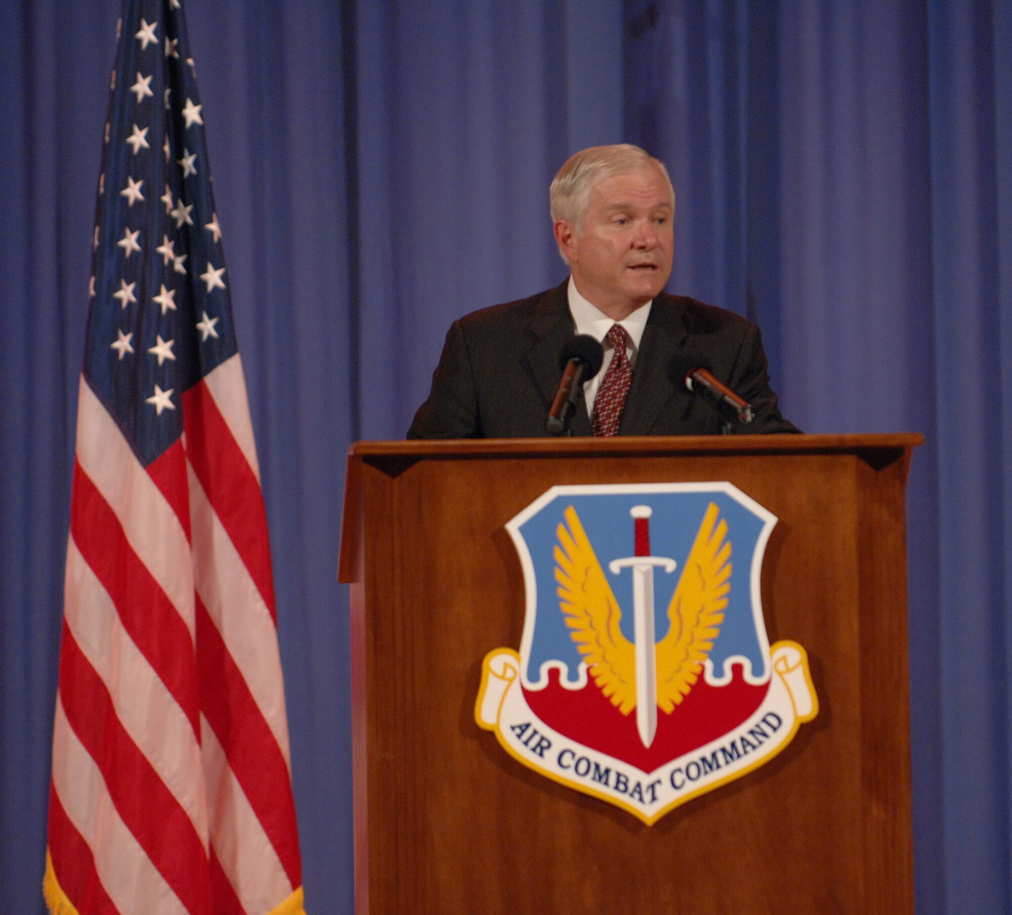 LANGLEY AIR FORCE BASE, Va. -- U.S. Secretary of Defense Robert Gates speaks to an audience  at the base theater June 9.  Secretary Gates spoke about the transition to new Air Force leadership after the resignations of Chief of Staff of the Air Force Gen. T. Michael Moseley and Secretary of the Air Force Michael W. Wynne. “Embrace accountability in all you do,” Secretary Gates said.  (U.S. Air Force photo/Senior Airman Barry Loo)