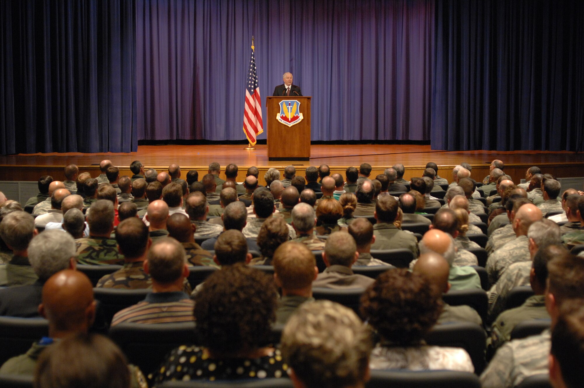 LANGLEY AIR FORCE BASE, Va. -- Audience members look on as U.S. Secretary of Defense Robert Gates speaks at the base theater June 9. Secretary Gates spoke about the transition to new Air Force leadership after the resignations of Chief of Staff of the Air Force Gen. T. Michael Mosley and Secretary of the Air Force Michael W. Wynne. “Embrace accountability in all you do,” Secretary Gates said.  (U.S. Air Force photo/Senior Airman Barry Loo)