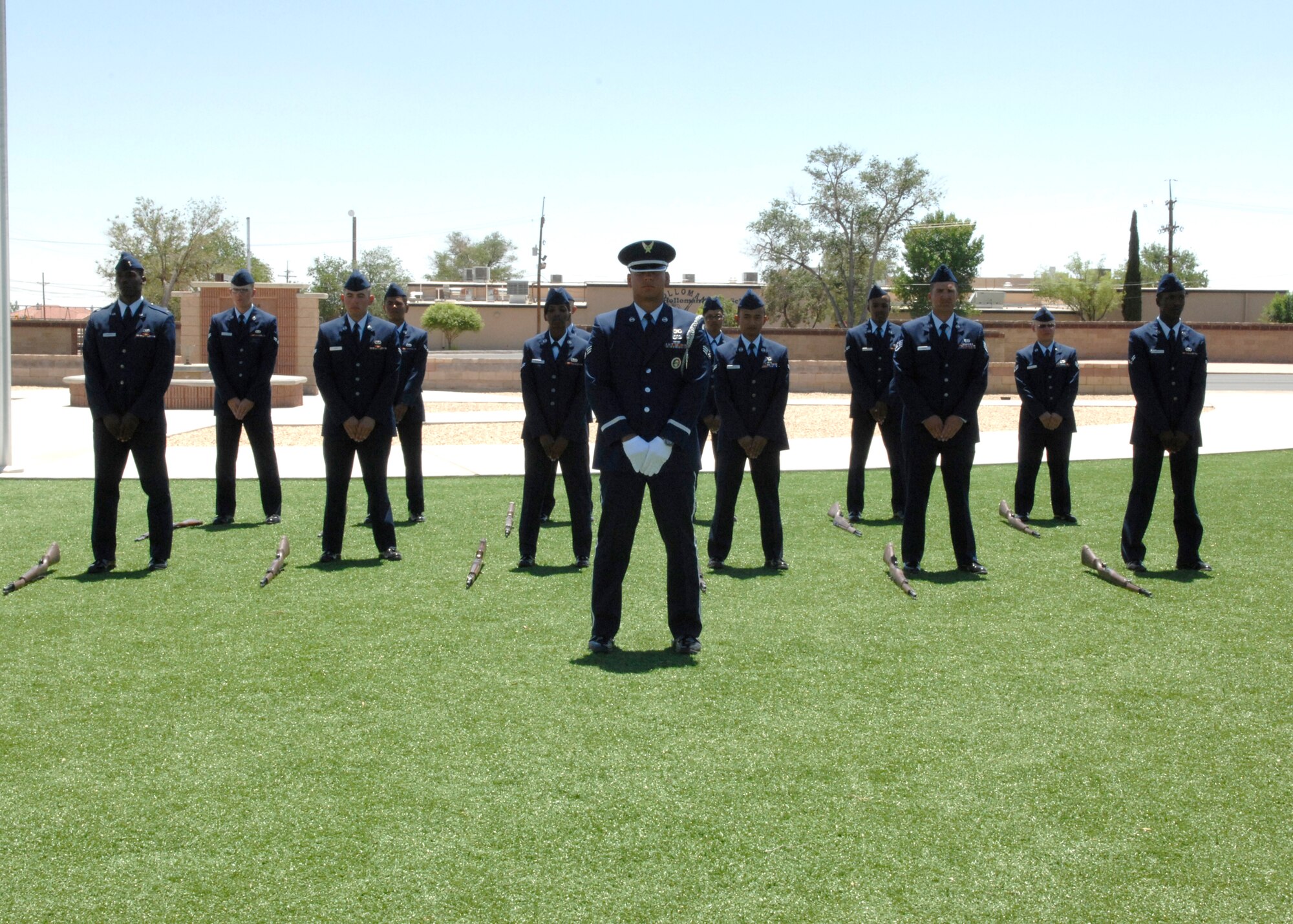 The newest members of the Steel Talons Honor Guard prepare to show off their skills during their graduation ceremony, June 4 at Heritage Park on Holloman Air Force Base,N.M. The Honor Guard team varies between 40-60 members. (U.S. Air Force photo/Airman 1st Class Rachel A. Kocin)