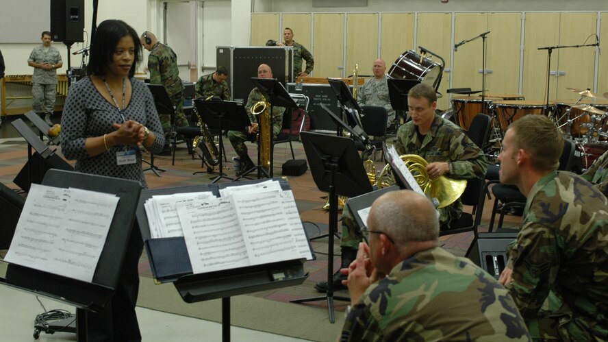 Velvet Brown, a professor of tuba and euphonium at Pennsylvania State University, a international soloist, chamber ensemble performer, recording artist, orchestral conductor and player, gives a master class to members of the USAF Band of the Golden West June 2 at Travis AFB, Calif. (U.S. Air Force photo/Senior Airman Shaun Emery)