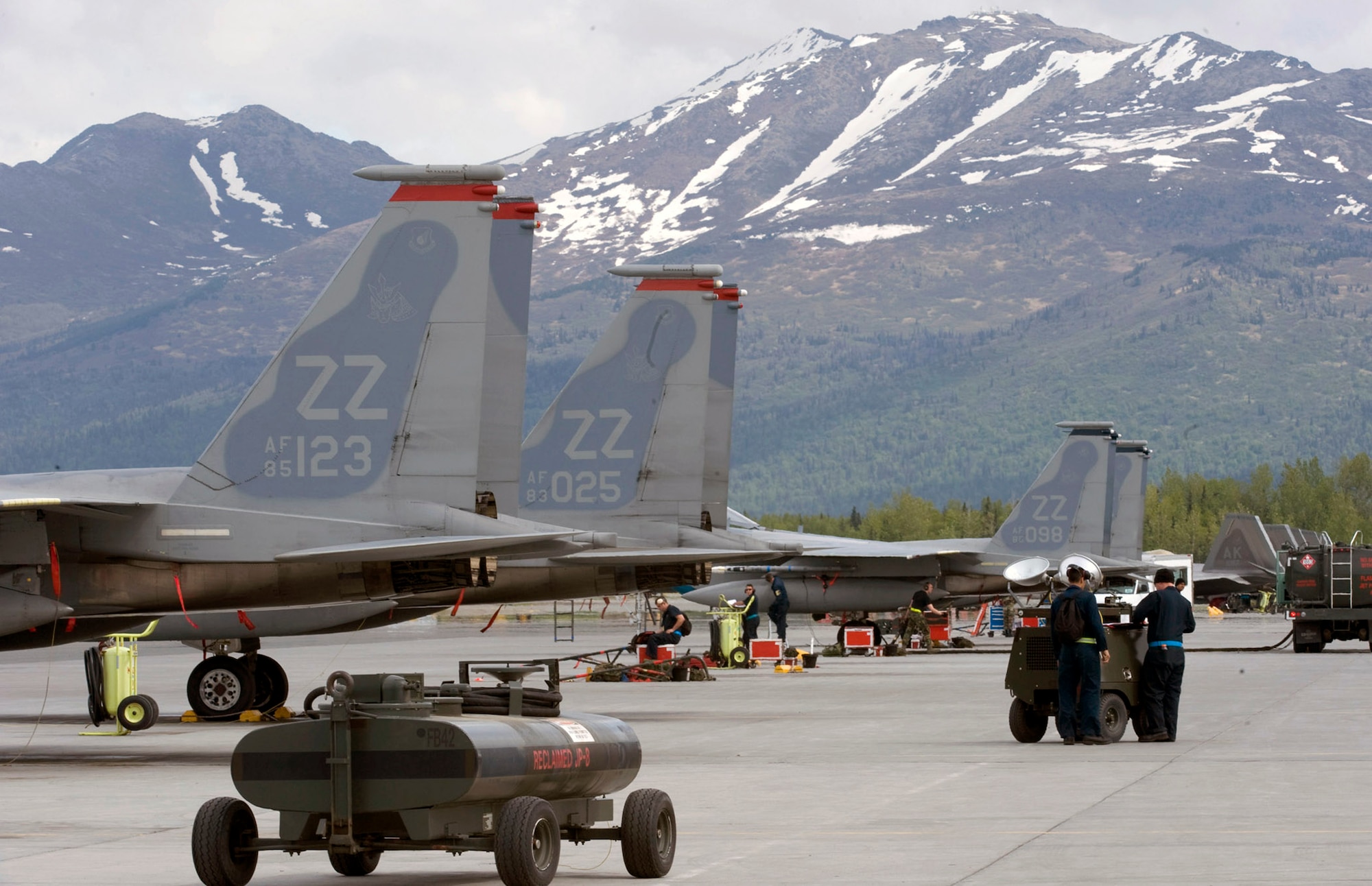 F-15's from Kadena Air Base, Japan, bed down on Elmendorf Air Force Base, Alaska, June 4. The 18th Wing is participating in Red Flag, a combat arial exercise which U.S. military and allies are training for for real-world senarios. (U.S. Air Force photo/Airman 1st Class Matthew Owens)