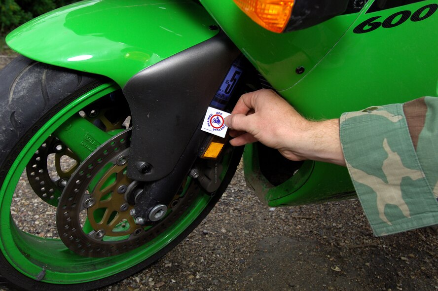 MINOT AIR FORCE BASE, N.D. -- Air Combat Command active-duty military and DoD civilian motorcyclists must complete the required Motorcycle Safety Foundation riders courses to receive the new ACC motorcycle decal ACC Form 15.  Contact the 5th Bomb Wing Safety Office for more information.  (U.S. Air Force photo by Airman 1st Class Kelly Timney)