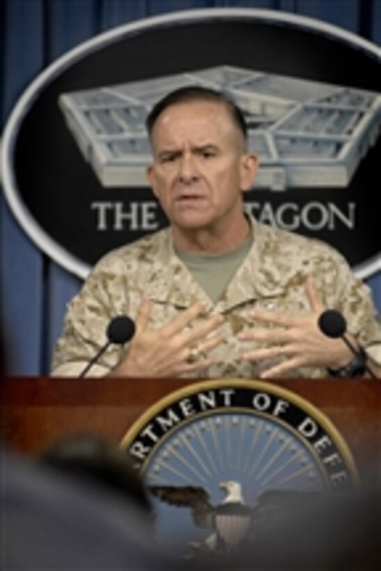 Commander of Task Force 134 Maj. Gen. Douglas M. Stone, U.S. Marine Corps, conducts a press conference about his recently completed 14-month tour as Deputy Commanding General for Detainee Operations with the Multinational Force-Iraq in the Pentagon on June 9, 2008.  