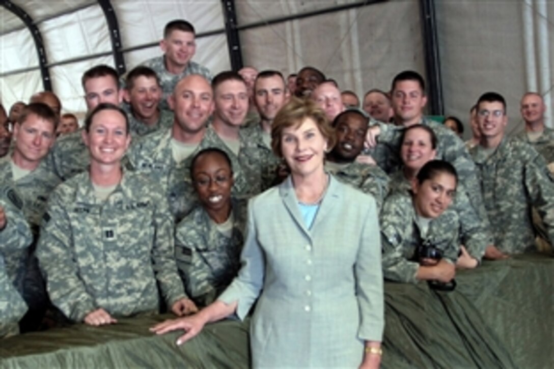 First Lady Laura Bush visits troops on Bagram Air Field to thank them for their efforts in Afghanistan, June 8, 2008. 
