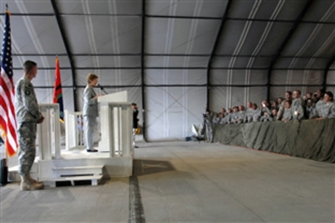 First Lady Laura Bush says "thank you" to troops on Bagram Air Field, for their efforts in Afghanistan, June 8, 2008. 