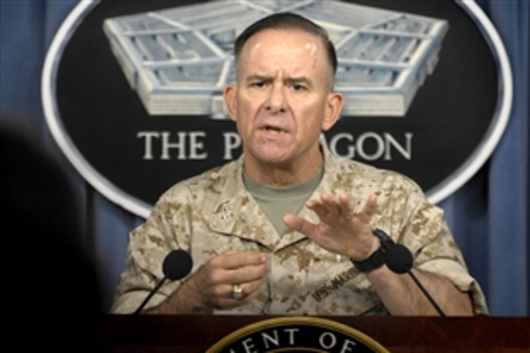 U.S. Marine Maj. Gen. Douglas M. Stone, commander of Task Force 134, conducts a press conference, about his recently completed 14-month tour as deputy commanding general for Detainee Operations with the Multinational Force Iraq, at the Pentagon, June 9, 2008.  