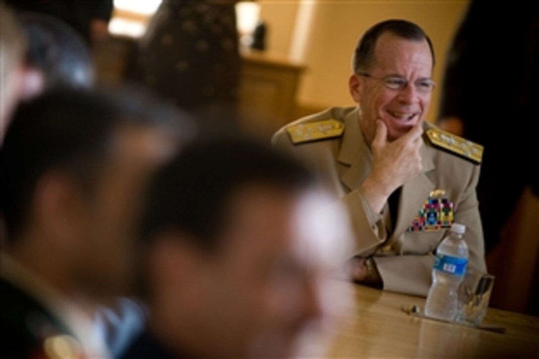 U.S. Navy Adm. Mike Mullen, chairman of the Joint Chiefs of Staff, speaks with graduating students from the International Fellows Program at the National War College on Fort Leslie J. McNair in Washington, D.C., June 9, 2008. The program offers one-year fellowships to select senior officers from more than 50 nations and includes extensive travel within the U.S. to military, cultural and industrial locations.
