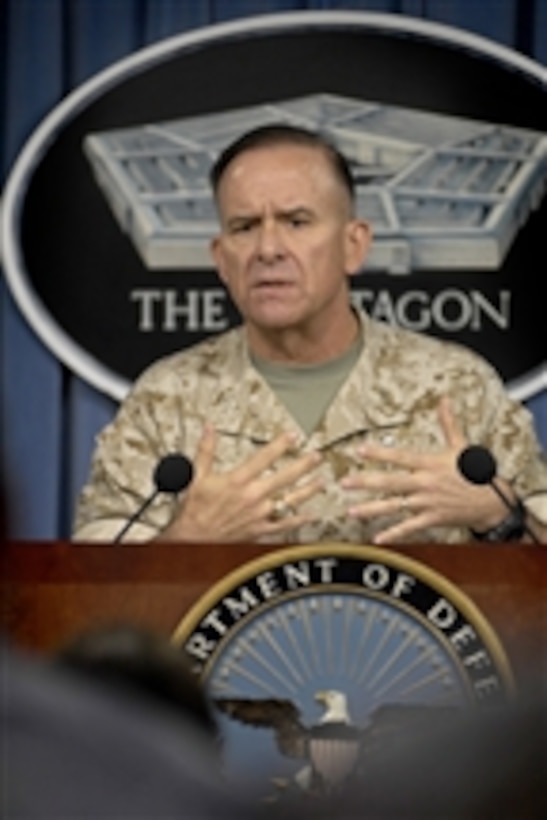 Commander of Task Force 134 Maj. Gen. Douglas M. Stone, U.S. Marine Corps, conducts a press conference about his recently completed 14-month tour as Deputy Commanding General for Detainee Operations with the Multinational Force-Iraq in the Pentagon on June 9, 2008.  