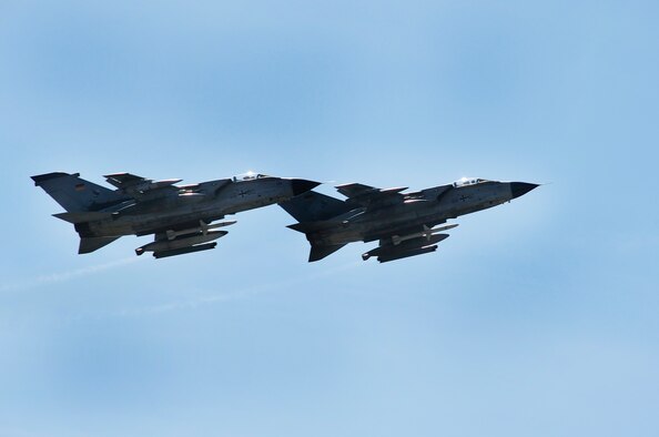 EIELSON AIR FORCE BASE, Alaska --Two German Tornados fly over the flightline here during Red Flag-Alaska 08-3 June 9. Red Flag-Alaska is a series of Pacific Air Forces commander-directed field training exercises for U.S. forces, providing joint offensive counter-air, interdiction, close air support, and large force employment training in a simulated combat environment. (U.S. Air Force photo by Airman 1st Class Christopher Griffin)