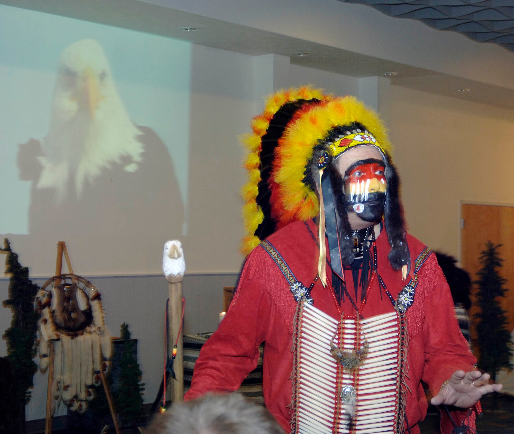 FAIRCHILD AIR FORCE BASE, Wash. – Denis McLaughlin, Grizzly Clan White Mt. Apache coordinator, orates Eagle Scout history to spectators during a Boy Scouts of America ceremony here June 6. (U.S. Air Force photo / Staff Sgt. JT May III)