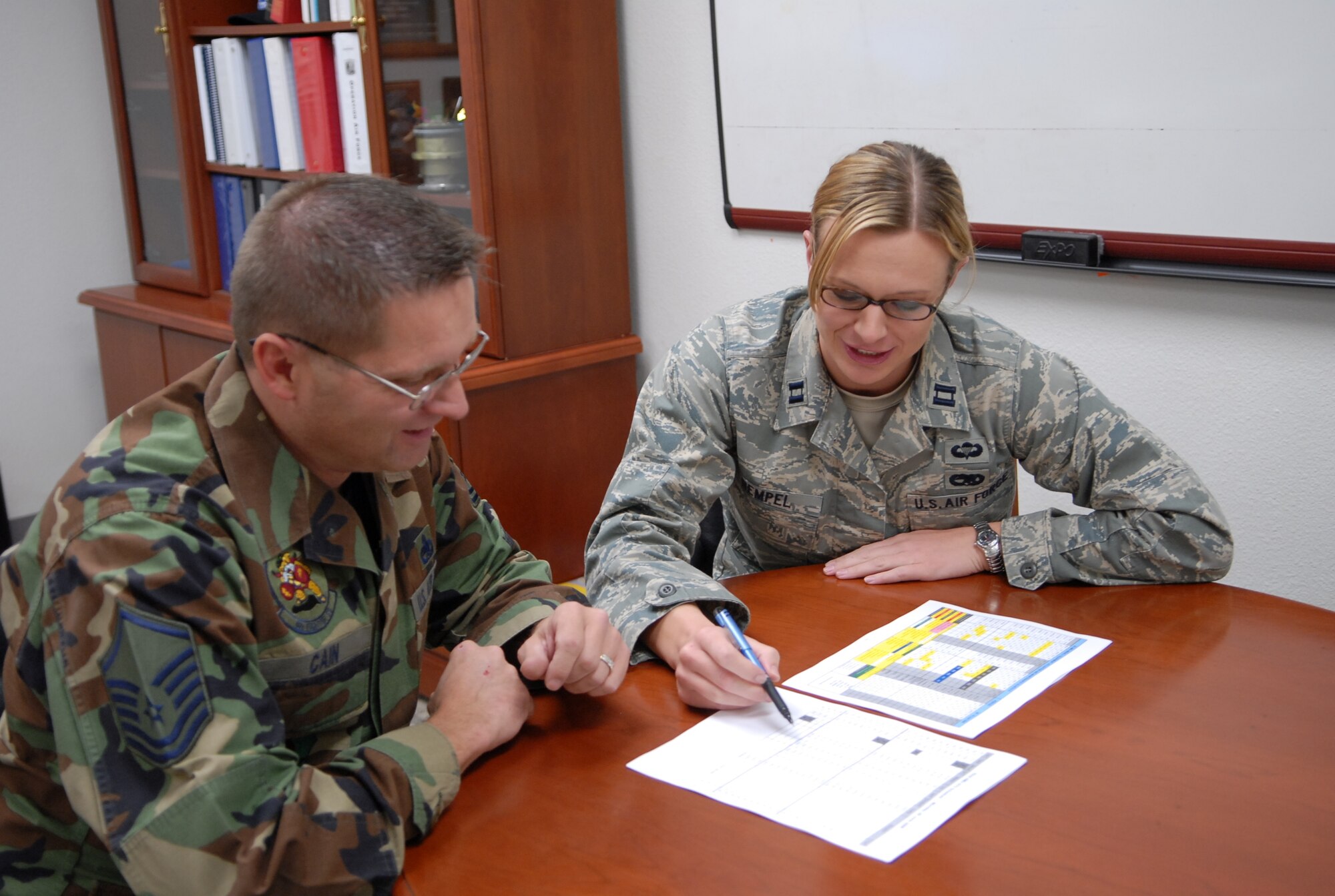 Master Sgt. Joseph Cain, 62nd Aircraft Maintenance Unit lead production superintendent, and Capt. Jamie Rempel, 62nd AMU officer in charge, review the “Spikes” flying and maintenance weekly schedule which is the foundation for daily maintenance operations. (Courtesy photo)
