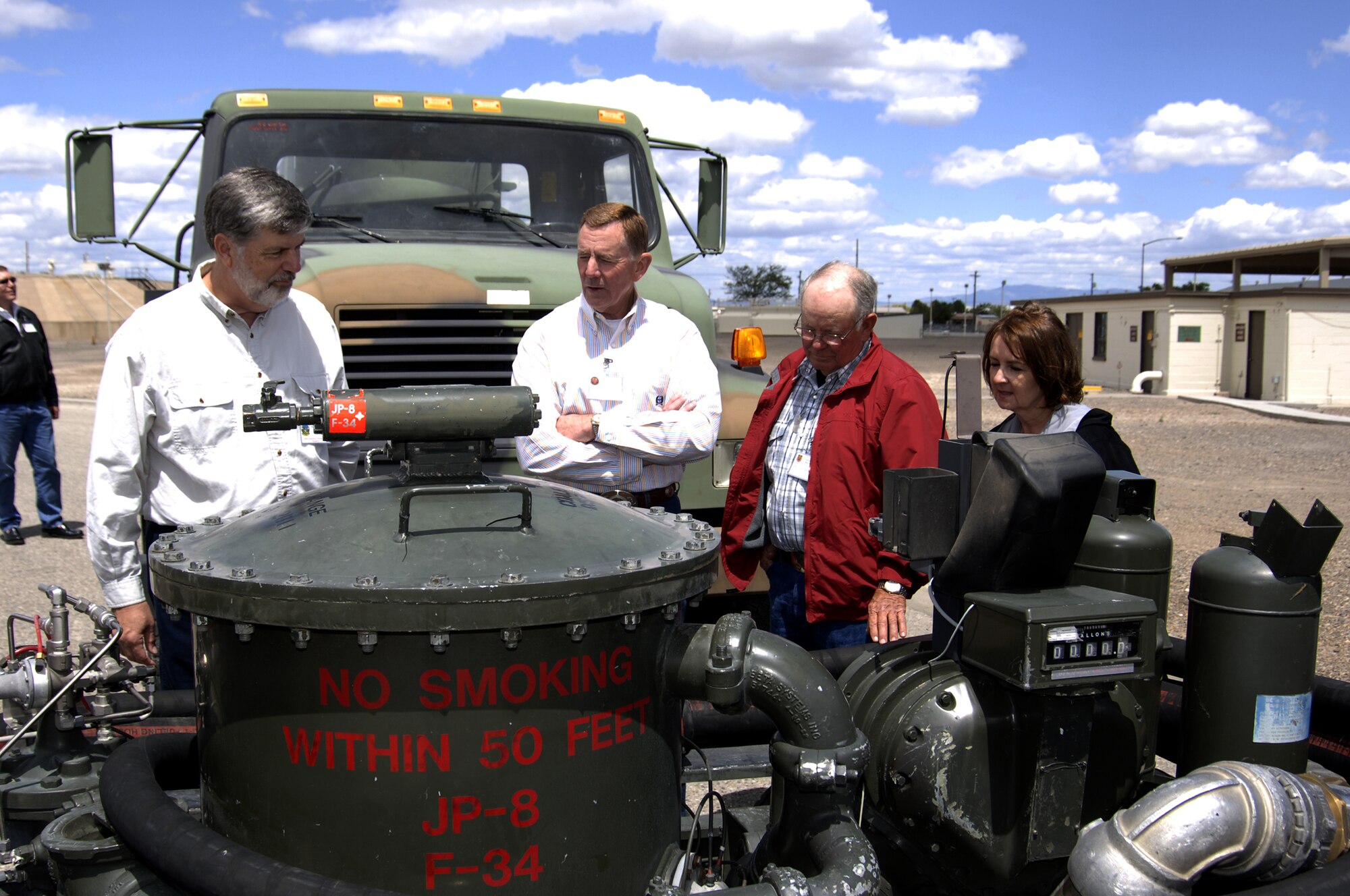 MOUNTAIN HOME AIR FORCE BASE, Idaho - Members of the 366th Fighter Wing honorary commanders program view a mobile refueling cart during a tour of the 366th Mission Support Squadron June 6. The program pairs together civic leaders with squadron, group and wing leaders to enhances relationships between local communities and the base. It also provides a rare glimpse of life on a military installation to members of neighboring communities -- many of whom have no connection to the Air Force or prior knowledge of the military. (U.S. Air Force photo/ Staff Sgt. Rodney D. Ivey)