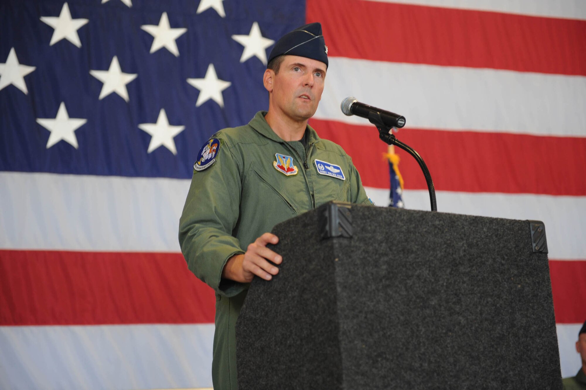 SHAW AIR FORCE BASE, S.C. -- Col. David Van Der Veer, 20th Operations Group commander, speaks to members of the 20th Fighter Wing and 20th OG during a change of command here June 6. (U.S. Air Force photo/Staff Sgt. Henry Hoegen)