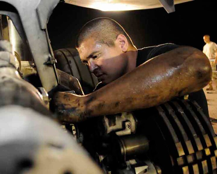 Staff Sgt. Kendall Lizama gets all greased up repairing brake parts on a B-1B Lancer May 29 in Southwest Asia. Sergeant Lizama belongs to the 37th Aircraft Maintenance Unit. (U.S. Air Force photo/Senior Airman Domonique Simmons) 