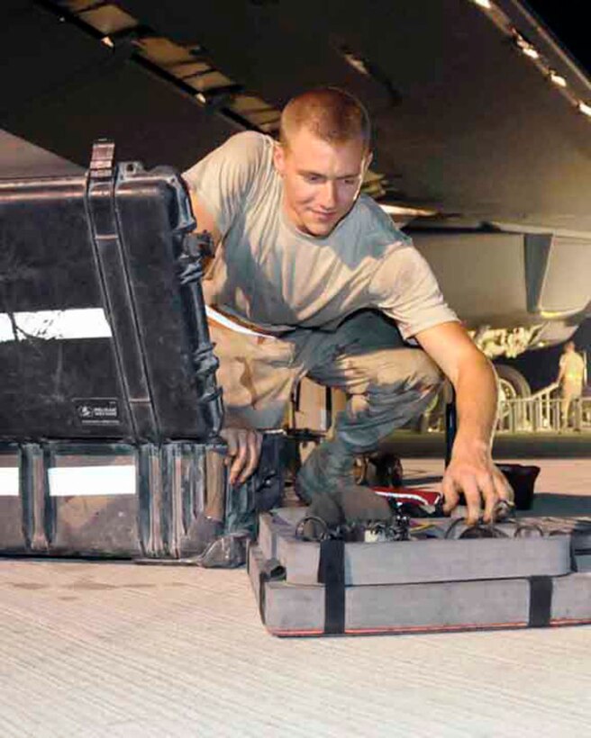 Airman 1st Class Ed Kovalcin inventories tools used to repair and maintain the B-1B Lancer aircraft May 29 in Southwest Asia. Airman Kovalcin is with the 37th Aircraft Maintenance Unit. (U.S. Air Force photo/Senior Airman Domonique Simmons) 