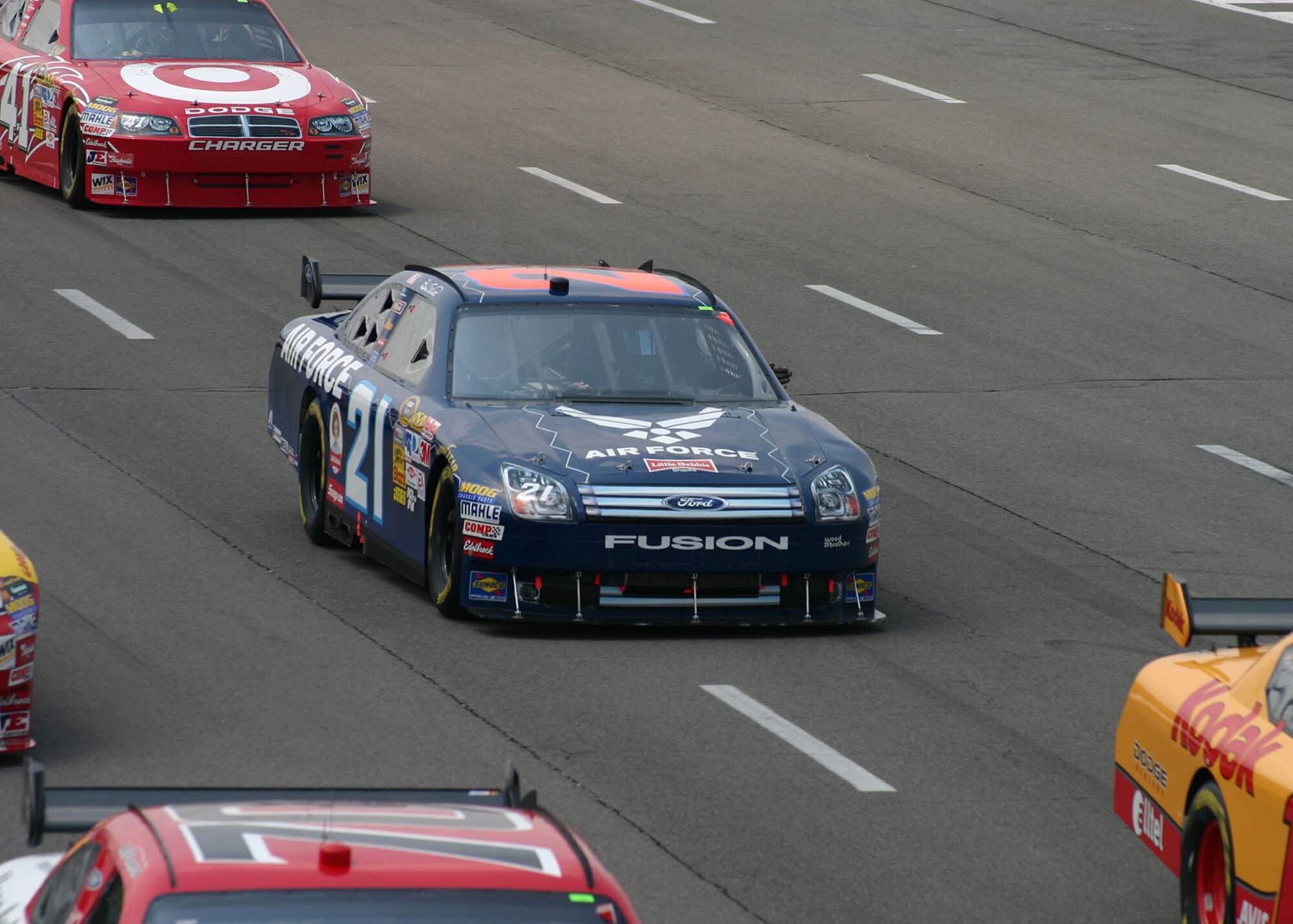 Air Force NASCAR No. 21 warms up during the pace lap at the Pocono 500 race June 8 in Pennsylvania. (U.S. Air Force photo/ Dale Eckroth)