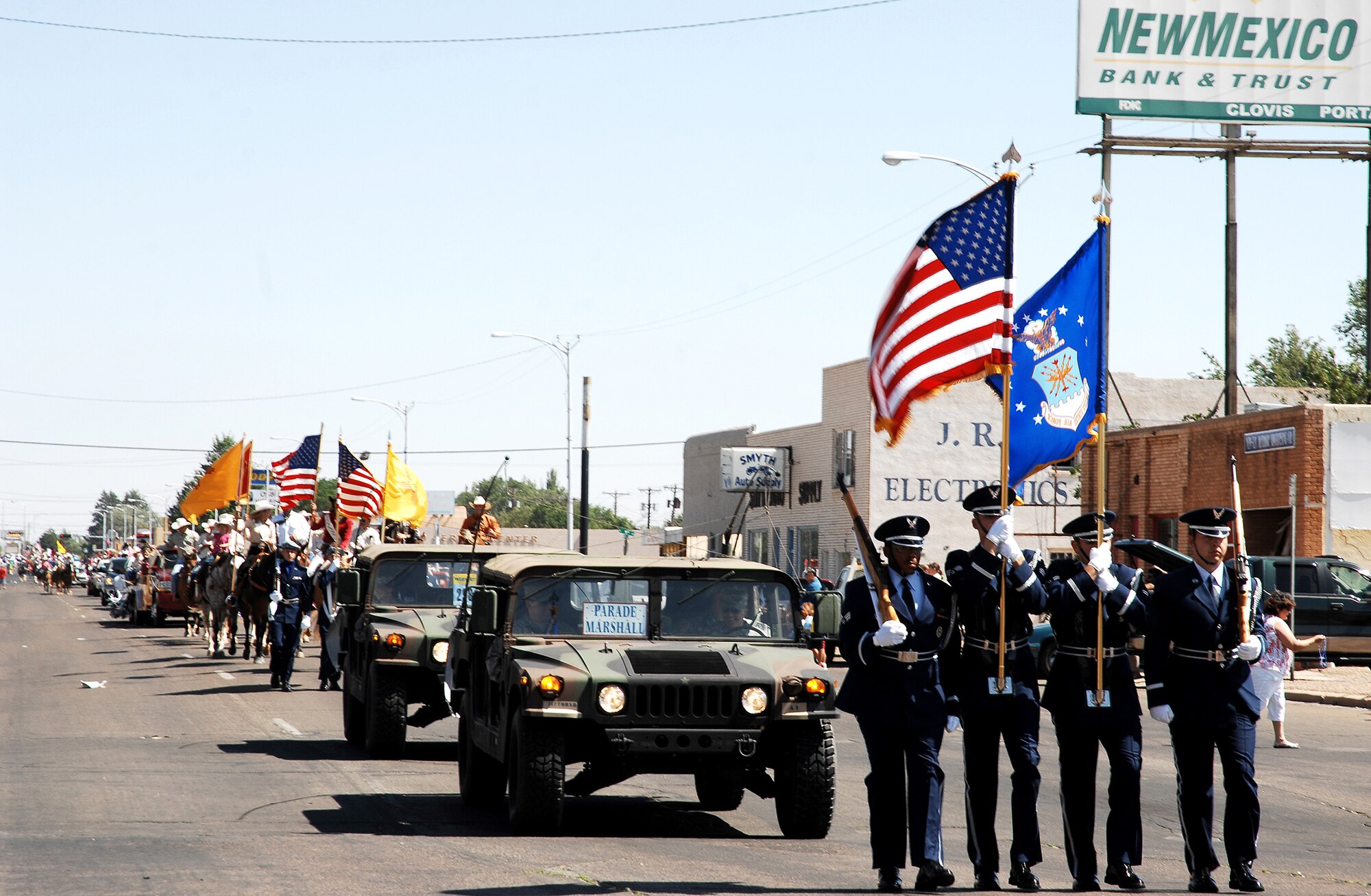 CANNON AIR FORCE BASE, N.M. -- The base Honor Guard Base marches during the 38th Annual Pioneer Parade on June 7. The Honor Guard received first place in the marching category.  (U.S. Air Force photo/Senior Airman Liliana Moreno)