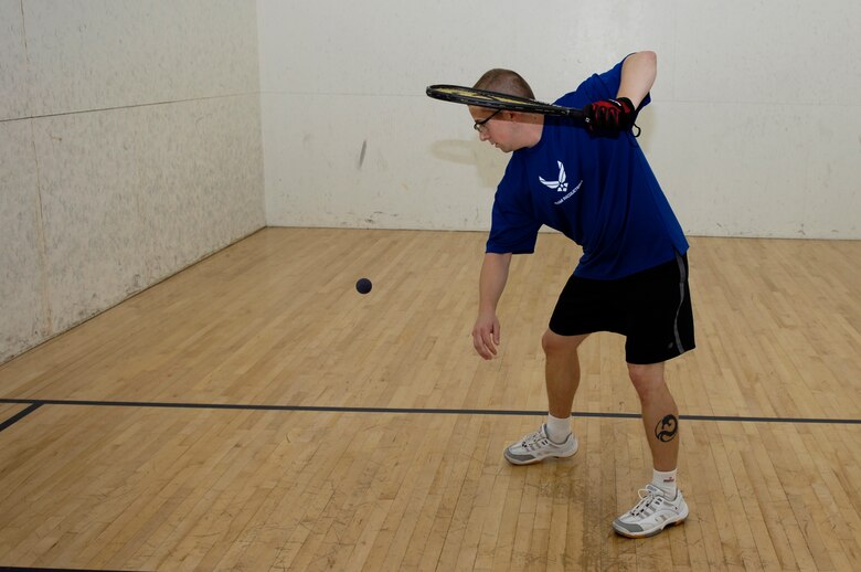 VANDENBERG AIR FORCE BASE, Calif. -- Tech. Sergeant Reid Percivalle gets in some practice time at the racquetball court here recenlty. Sergeant Percivalle won the U.S. National Racquetball championship men’s military 30+ division on May 21 through 26, in Houston, Texas. Sergeant Percivalle used 25 years of racquetball experience to win first place over 16 other military individuals. (U.S. Air Force photo/Airman 1st Class Jonathan Olds)