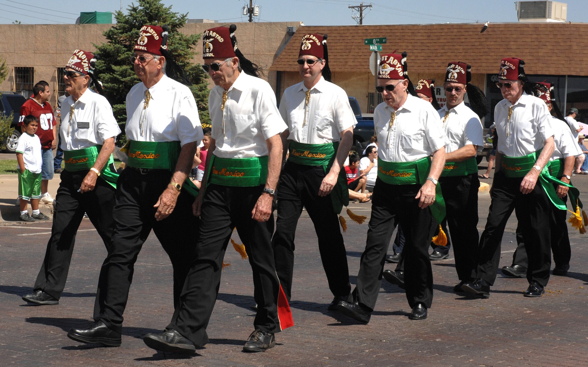 CANNON AIR FORCE BASE, N.M. -- Ballut AByad Shriners of New Mexico march during the 38th annual Pioneers Parade in Clovis N.M. on June 7.  Parade entries included the Cannon Air Force Base Honor Guard team, local community and commercial companies, and several Miss Rodeo Pageant winners.  (U.S. Air Force photo/Airman 1st Class Evelyn Chavez) 