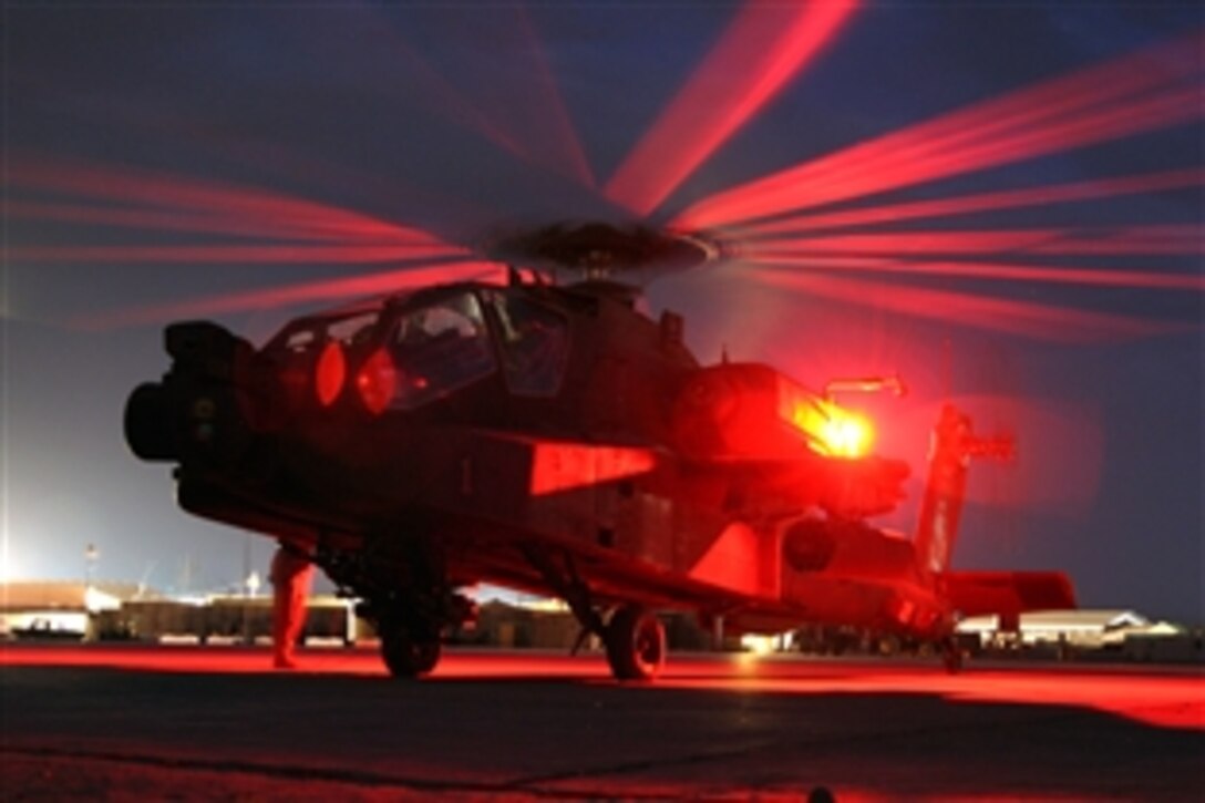 An AH-64D Apache Longbow helicopter gunship from the 1st Attack Reconnaissance Battalion, 1st Aviation Regiment, prepares for a night mission in northern Iraq, May 31, 2008.