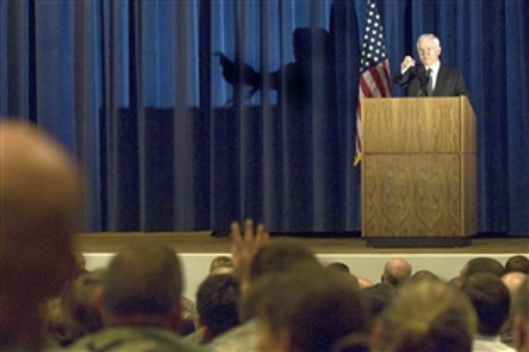 U.S. Defense Secretary Robert M. Gates talks to Air Force Space Command airmen at Peterson Air Force Base, Colo., June 10, 2008. Secretary Gates is reassuring airmen that they are members of the premier air force of the world, and discussing the recent resignations of top Air Force officials.  