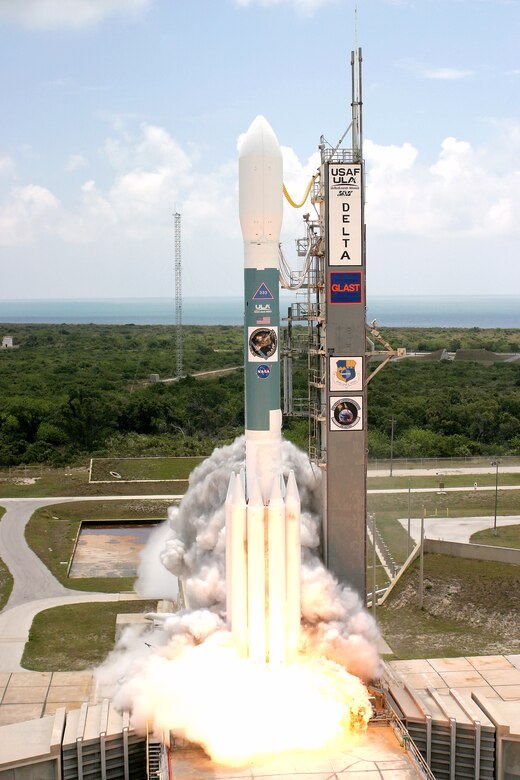 A Delta II launches from Cape Canaveral Air Force Station June 10 carrying a Gamma-ray Large Area Space Telescope intended to study gamma ray phenomenon.  The GLAST data will enable scientists to answer persistent questions across a broad range of topics, including supermassive black-hole systems, pulsars, the origin of cosmic rays and searches for signals of new physics. (Courtesy photo)
