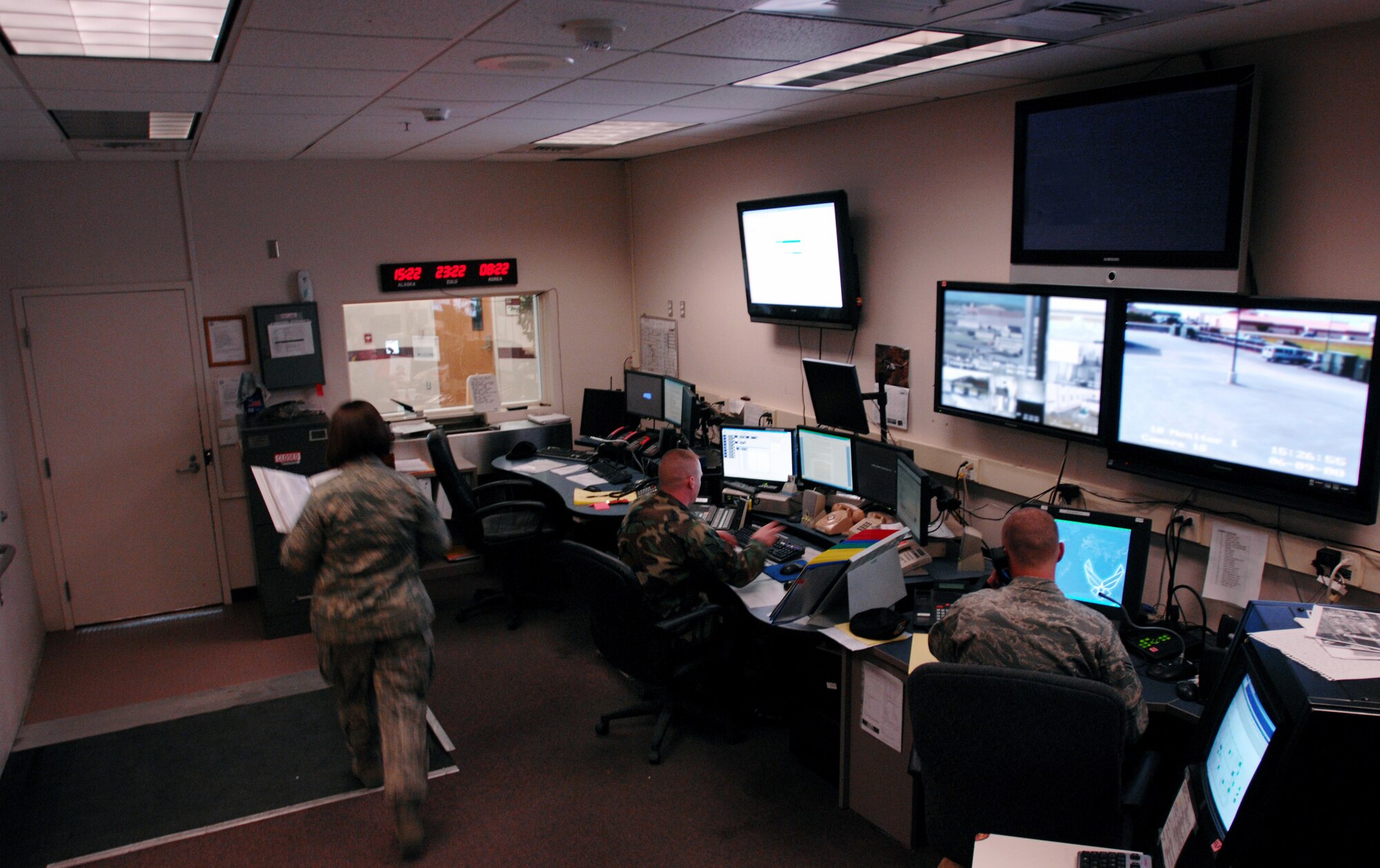 Eielson Air Force Base receives more than 3,000 U.S military and international visitors during the multiple RED-FLAG Alaska exercises each summer. The 354th Security Forces  Squadron have to maintain a vigilant watch over the entire base. They have mutiple ways to watch the base including the use of well placed cameras and monitoring stations.
(U.S Air Force photo/Tech Sgt Eric T. Sheler)