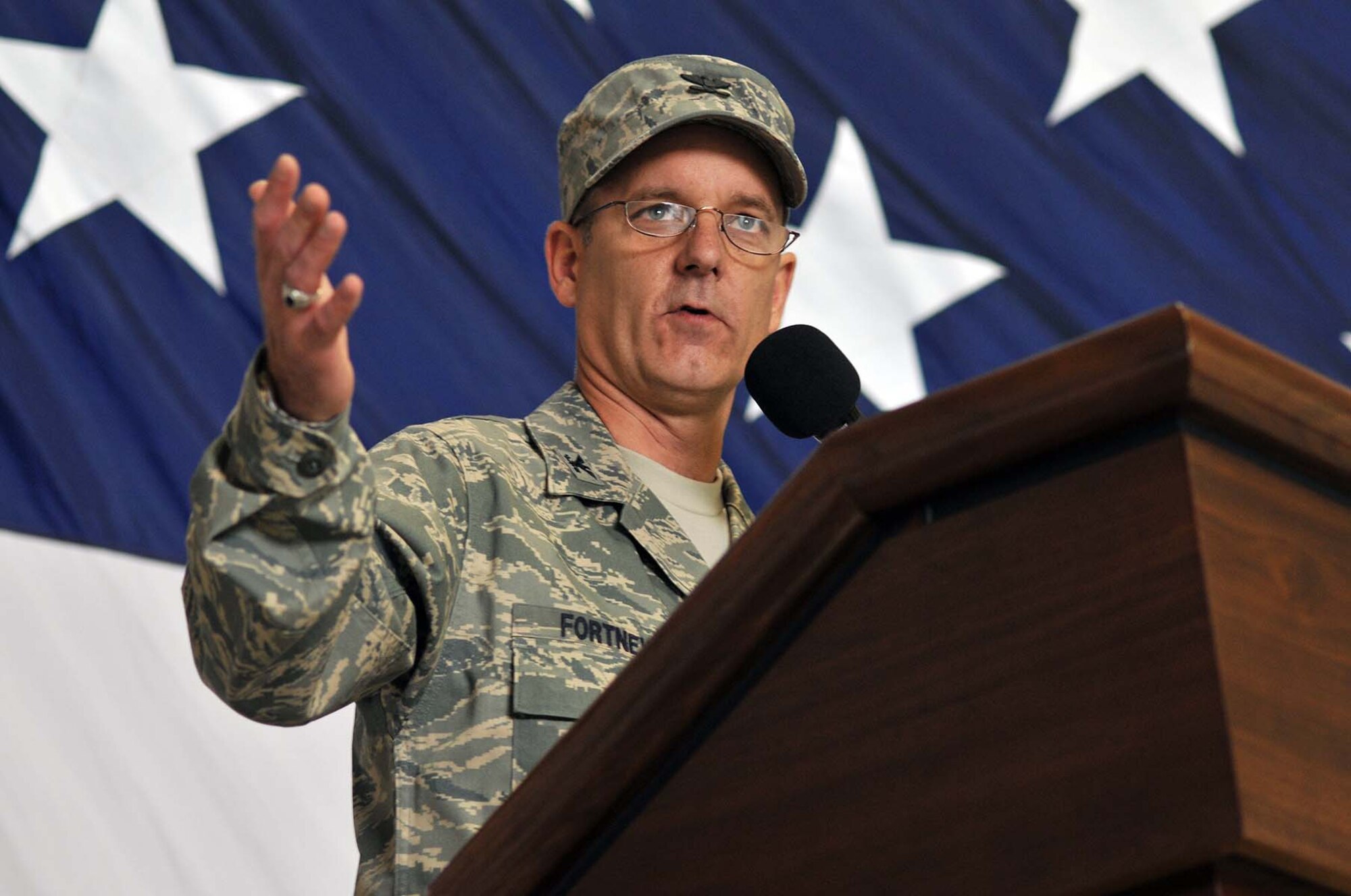 Col. Michael Fortney addresses the audience following the change of command ceremony May 21 where he accepted command of the 341st Space Wing from 20th Air Force commander Maj. Gen. Roger Burg. (U.S. Air Force photo/John Turner)