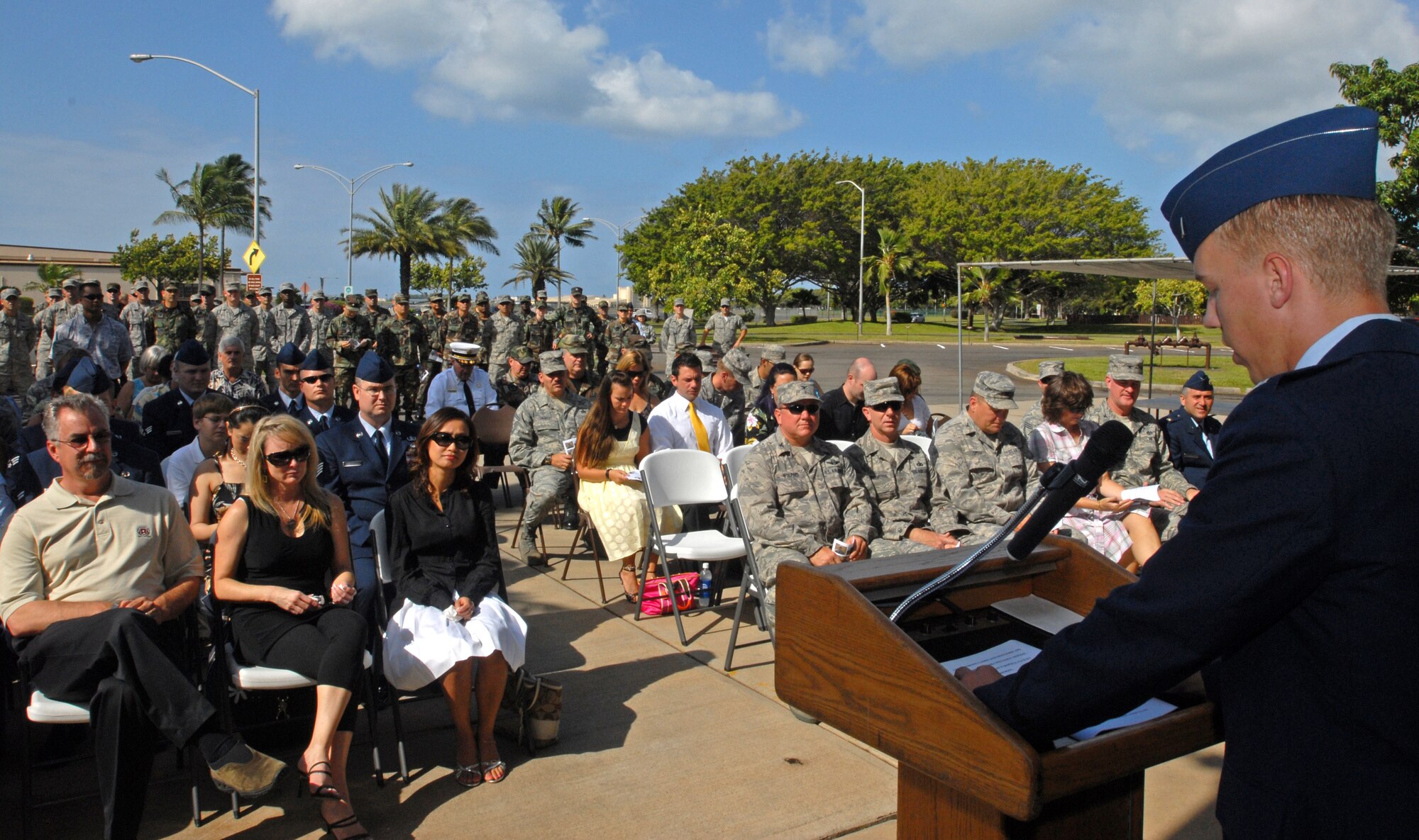 1st Lt. Edward Porter, 15th Civil Engineering Squadron addresses family, friends and fellow servicemenbers during the dedication ceremony for Senior Airman William “Will” Newman on June 7, 2008.  The SrA William “Will” Newman facility is a constant reminder for those who pass by the facility everyday of the most one of the most demanding and dangerous military occupations. (U.S. Air Force Photo/Master Sgt. Robert Burgess)