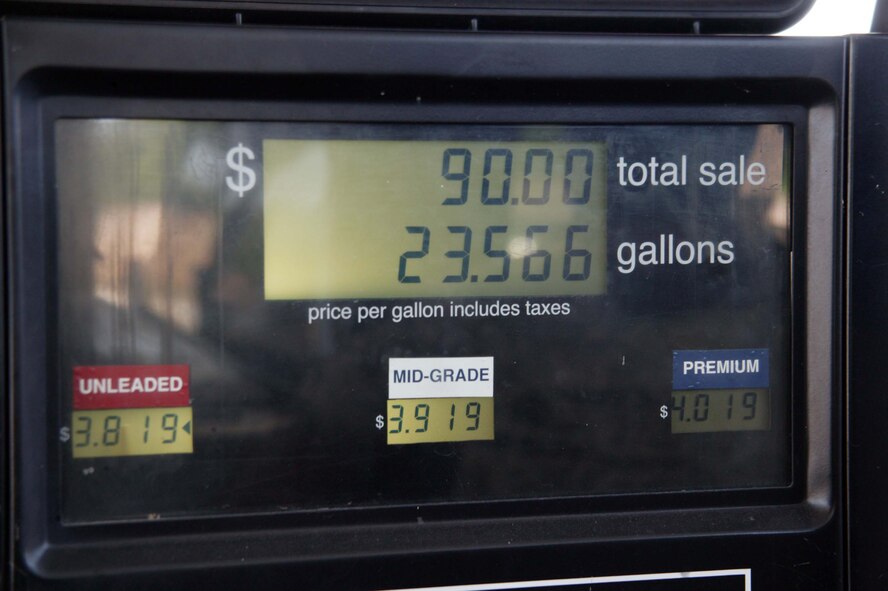 SHAW AIR FORCE BASE, S.C. -- Tech. Sgt. Jemal Jones, 20th Security Forces Squadron K-9 section kennel master, puts $90 of fuel in his truck at the shoppette June 11. Soaring gas prices are affecting Airmen's budgets. Sergeant Jones said he and his family had to cut back on their entertainment spending to make up for the cost of fuel. (U.S. Air Force photo/Staff Sgt. John Gordinier)
