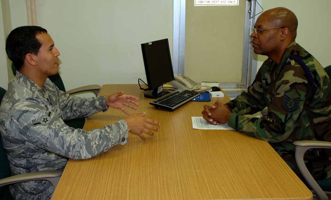 Airman Rafael Rios, an out processing clerk for the 82nd 
Mission Support Squadron, talks to Master Sgt. Walter Reed, 
an acting first sergeant for the 82nd Mission Support Squadron. 
Associate shirts perform the duties of a first sergeant as an 
additional duty. (U.S. Air Force photo/Airman 1st Class Candy 
Miller)