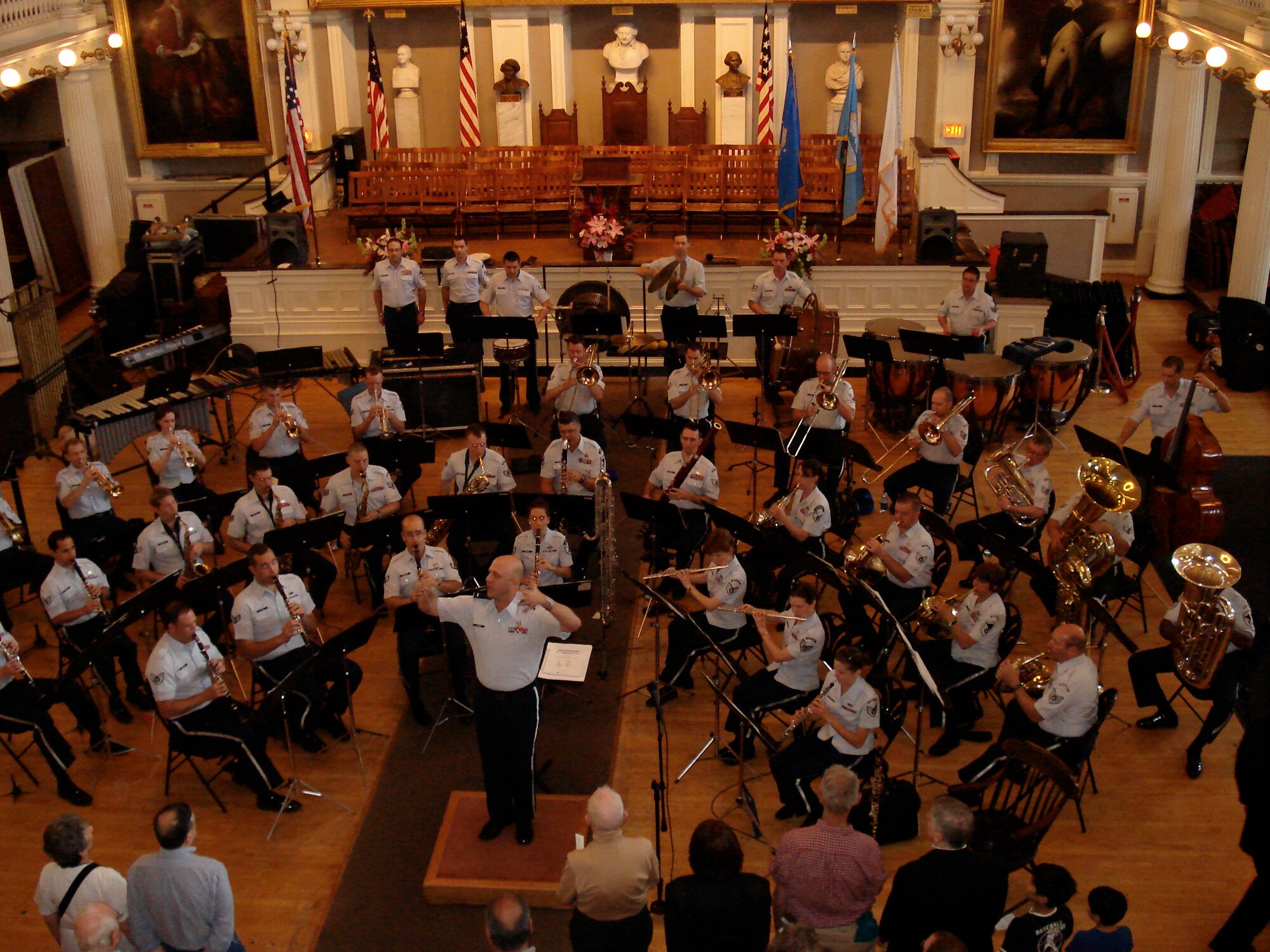 1st Lt. David Alpar leads the Air Force Band of Liberty and audience members in the Star-Spangled Banner at Boston's Faneuil Hall. June 7th, 2008 (photo by Tim Sliski)