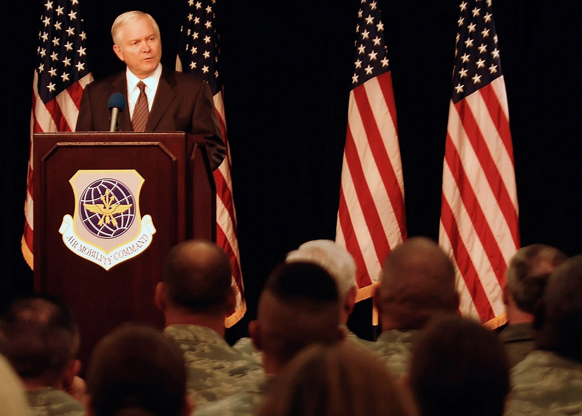 The Honorable Robert M. Gates, United States Secretary of Defense, speaks to Airmen from Air Mobility Command June 10, 2008 at Scott Air Force Base, Ill.  Secretary Gates visited Scott to address the recent resignations of Air Force senior leaders, thank Airmen for their service and answer their questions. (U.S. Air Force photo/Airman 1st Class Megan Gilliland)