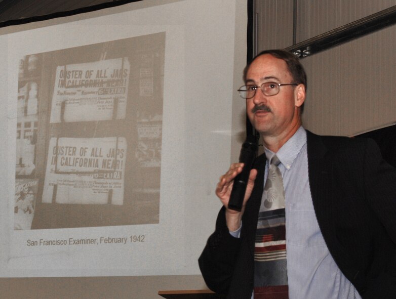 Young Japanese Americans volunteered to serve as linguists in the Military Intelligence Service during World War II - at the same time as many of their parents were "evacuated" to internment camps. Dr. James C. McNaughton, Command Historian, U. S. European Command described his research with some of the more than 6,000 Nisei who served in intelligence during and after the war in a talk at RAF Molesworth on June 5th. Dr. McNaughton is the author of the book. "Nisei Linguists: Japanese Americans in the Military Intelligence Service during WWII" published by the U.S. Army Center of Military History. (U.S. Air Force photo by Technical Sgt. Casey J. Martin)