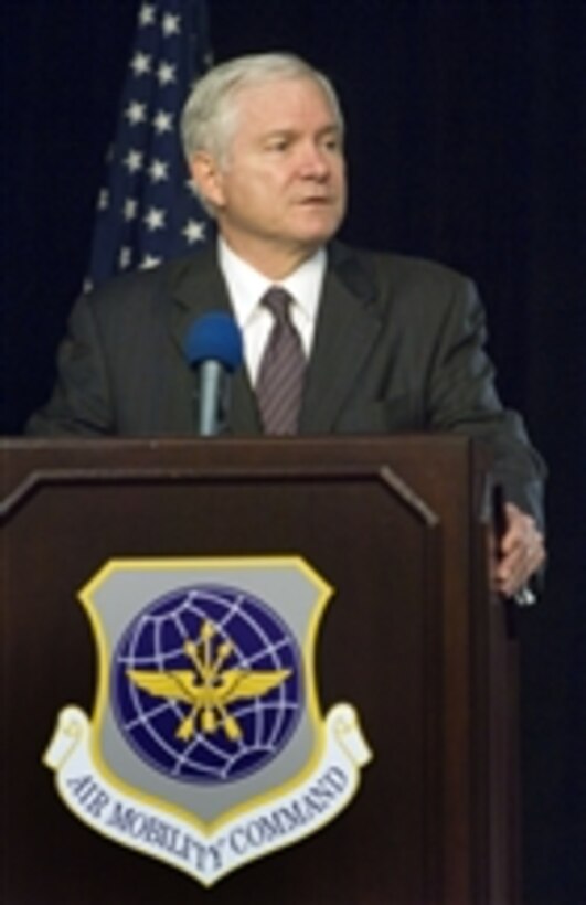 Secretary of Defense Robert M. Gates talks to U.S. airmen assigned to the Air Mobility Command on Scott Air Force Base, Ill., on June 10, 2008.  During the visit, Gates reinforced his belief that the U.S. Air Force is the world's premier air force and discussed the recent resignations of two top Air Force officials.  