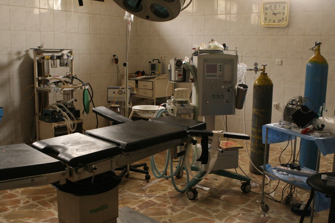 One of two operating rooms at Husaybah Hospital remains empty for the moment, June 11. Dr. Muhammad Salem, a member of the hospital staff said, â??We perform roughly two-hundred surgeries a month.â?? Medical officers deployed with Task Force 2nd Battalion, 2nd Marines, Regimental Combat Team 5, visited the hospital in order to assess hospitalâ??s need for supplies and to provide any information that may help the staff.::r::::n::