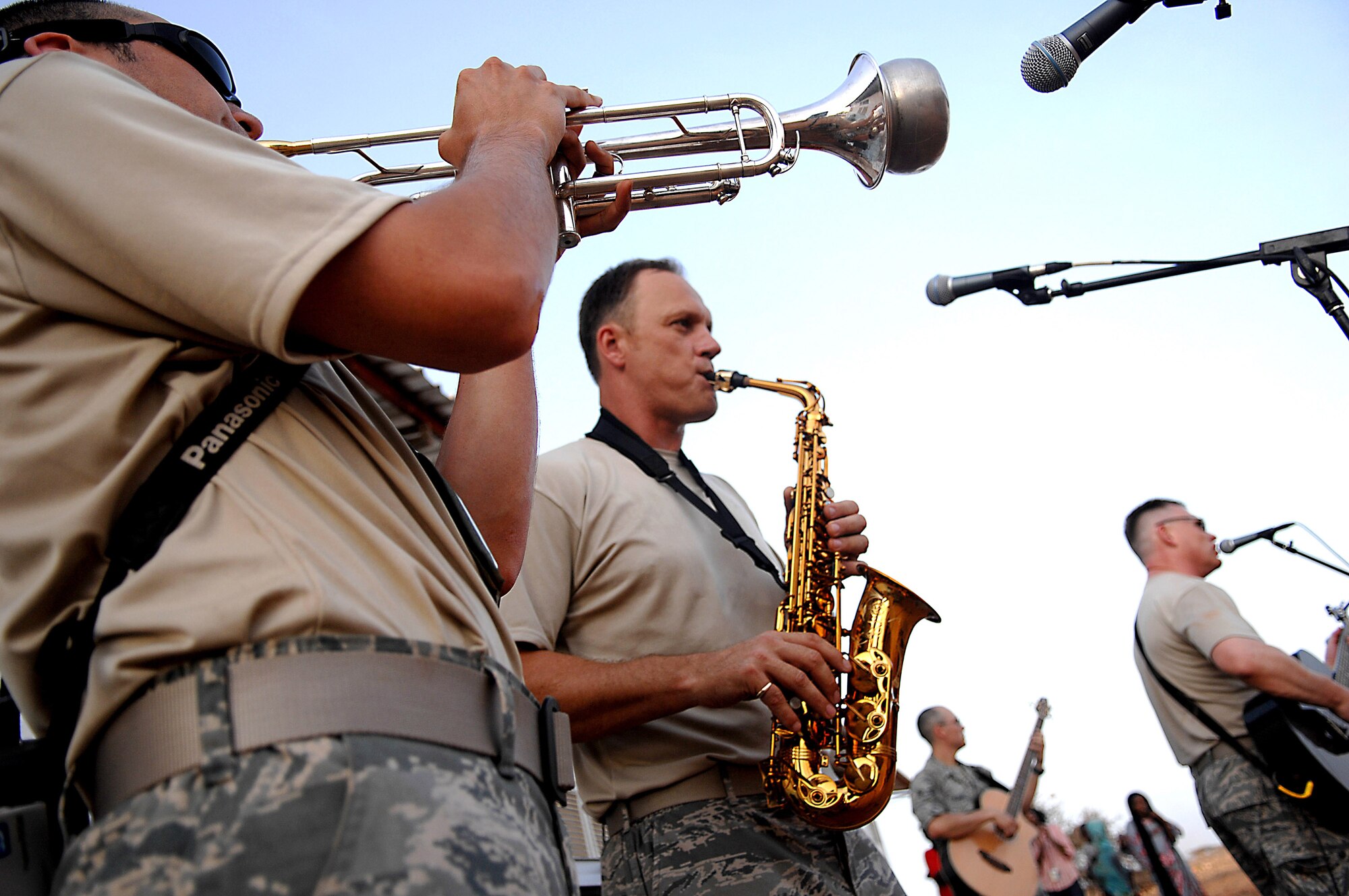 The U.S. Air Force Central Command band, Falcon, performs a concert for villagers May 22 in Negad, Djibouti. The band is deployed in support of Combined Joint Task Force - Horn of Africa out of Camp Lemonier, Djibouti. (U.S. Air Force photo/Tech. Sgt. Jeremy T. Lock)