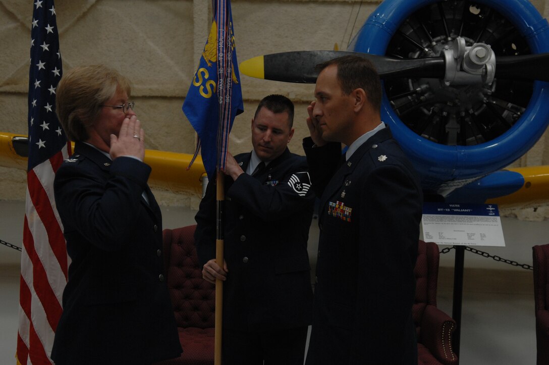 Col. Naomi Boss, 28th Medical Group commander exchanges salutes with Lt. Col. Jon Mohatt, 28th Medical Support Squadron commander, during a change of command ceremony at the South Dakota Air and Space Museum, June 10, 2008. The squadron’s mission is to provide wartime and peacetime readiness, logistical, facility, equipment, business operations, pharmaceutical services, laboratory and radiology as well as administrative services to support the medical care of all beneficiaries enrolled for health care at the 28th Medical Group. (U.S. Air Force photo/Airman 1st Class Adam Grant)



