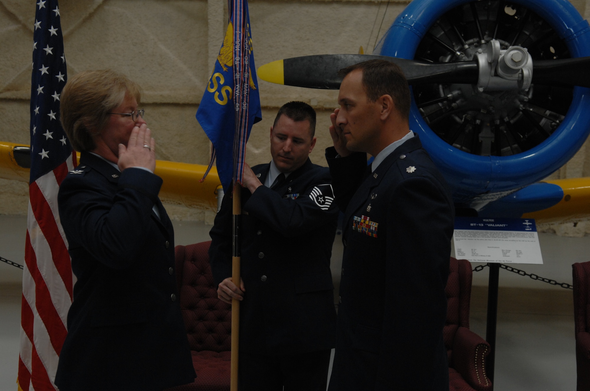 Col. Naomi Boss, 28th Medical Group commander exchanges salutes with Lt. Col. Jon Mohatt, 28th Medical Support Squadron commander, during a change of command ceremony at the South Dakota Air and Space Museum, June 10, 2008. The squadron’s mission is to provide wartime and peacetime readiness, logistical, facility, equipment, business operations, pharmaceutical services, laboratory and radiology as well as administrative services to support the medical care of all beneficiaries enrolled for health care at the 28th Medical Group. (U.S. Air Force photo/Airman 1st Class Adam Grant)



