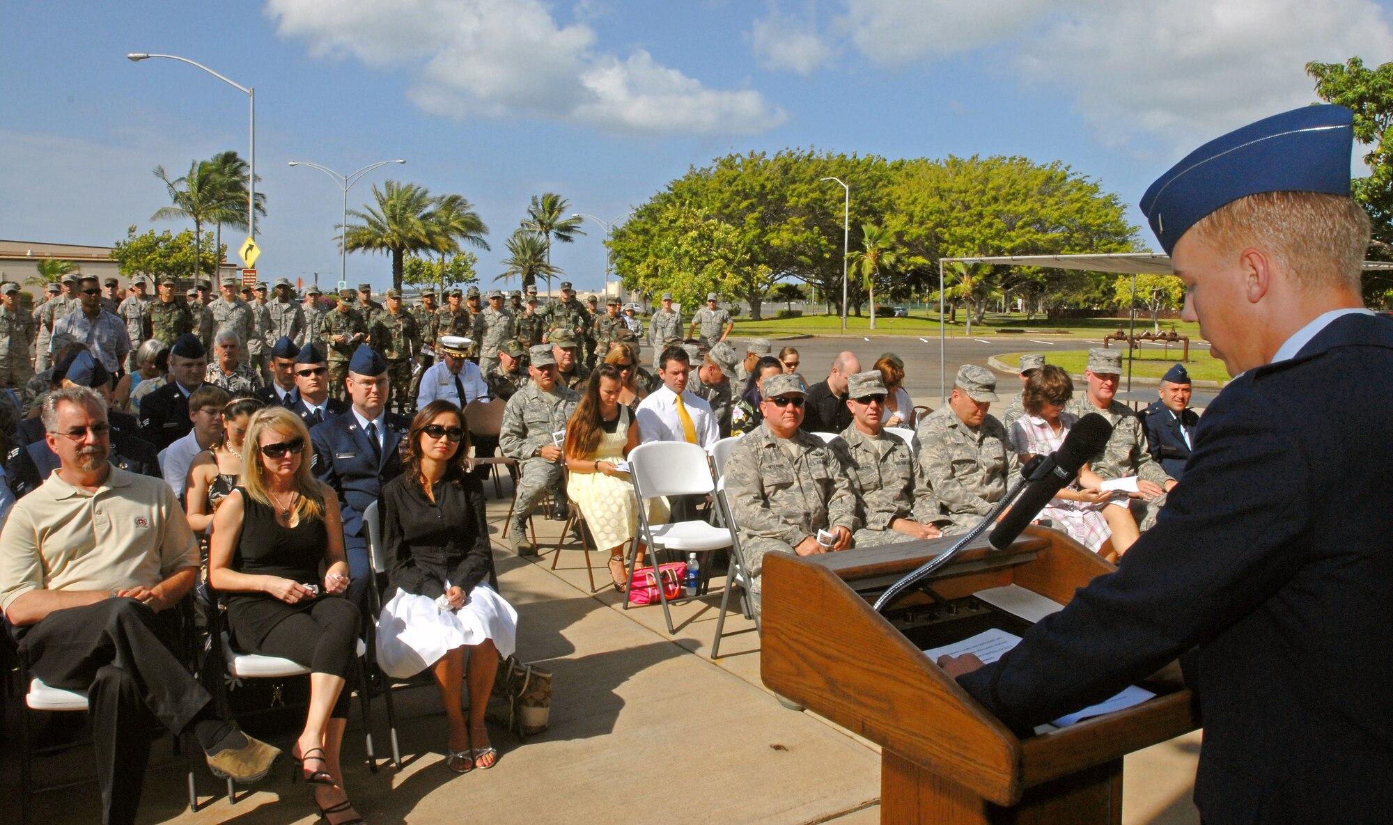 1st Lt. Edward Porter addresses family, friends and fellow servicemembers during the dedication ceremony for Senior Airman William Newman June 7 at Hickam Air Force Base, Hawaii.  Airman Newman was assigned to a three-man team clearing improvised explosives devices when he lost his life June 7, 2007. Lieutenant Porter is assigned to the 15th Civil Engineer Squadron. (U.S. Air Force photo)