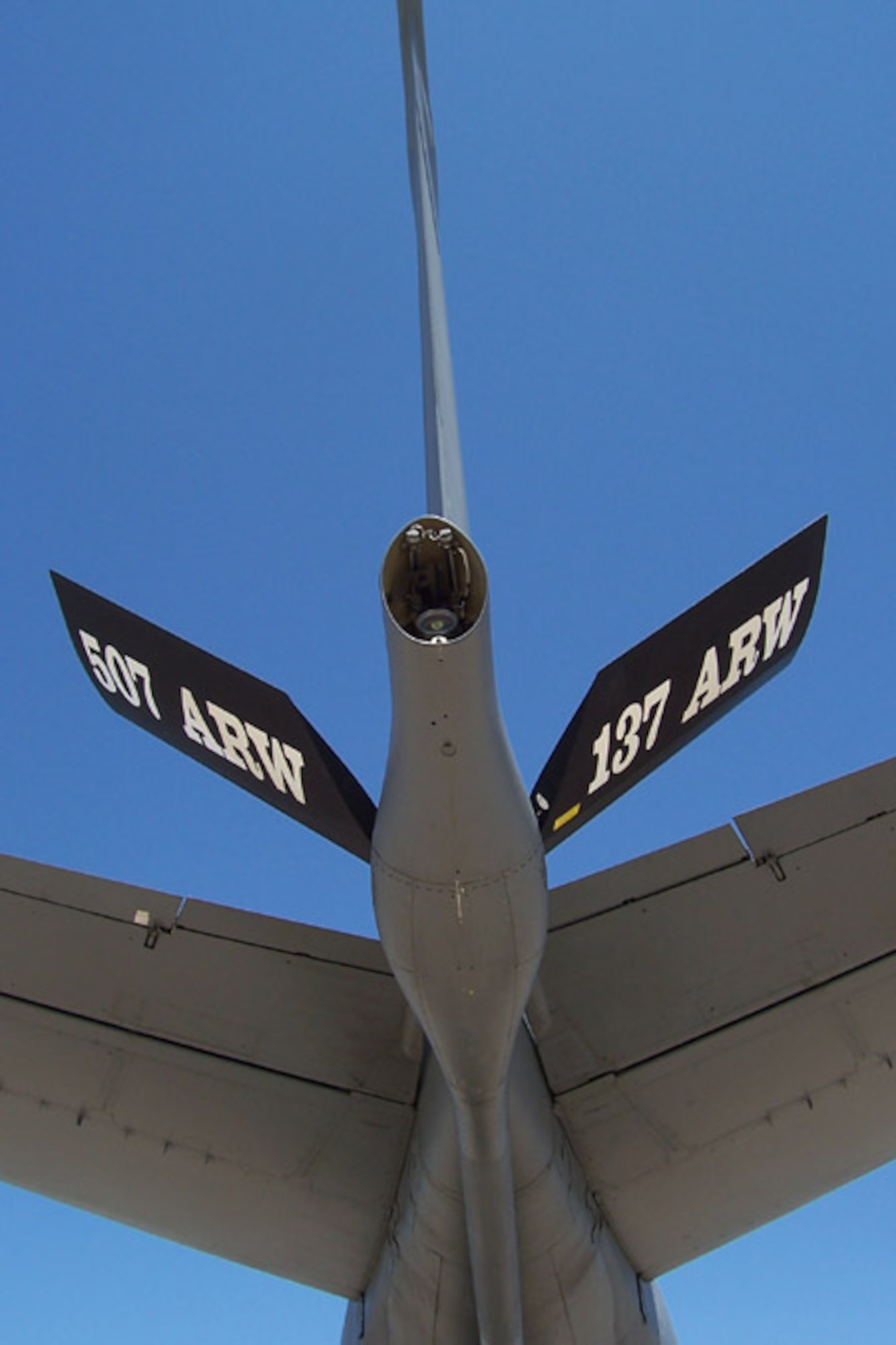 In a sign of the times, the ruddervator of KC-135R aircraft number 58-0121 now reflects the merger of the Air Force Reserve's 507th Air Refueling Wing and the Air National Guard's 137th Air Refueling Wing to all future air refueling receivers.  The two wings merged, with the 137th ARW becoming an associate wing to the 507th ARW, as a decision from the 2005 Base Realignment  and Closure (BRAC) process.  This new partnership represents the first time for an Air National Guard wing to be associated to an Air Force Reserve wing.