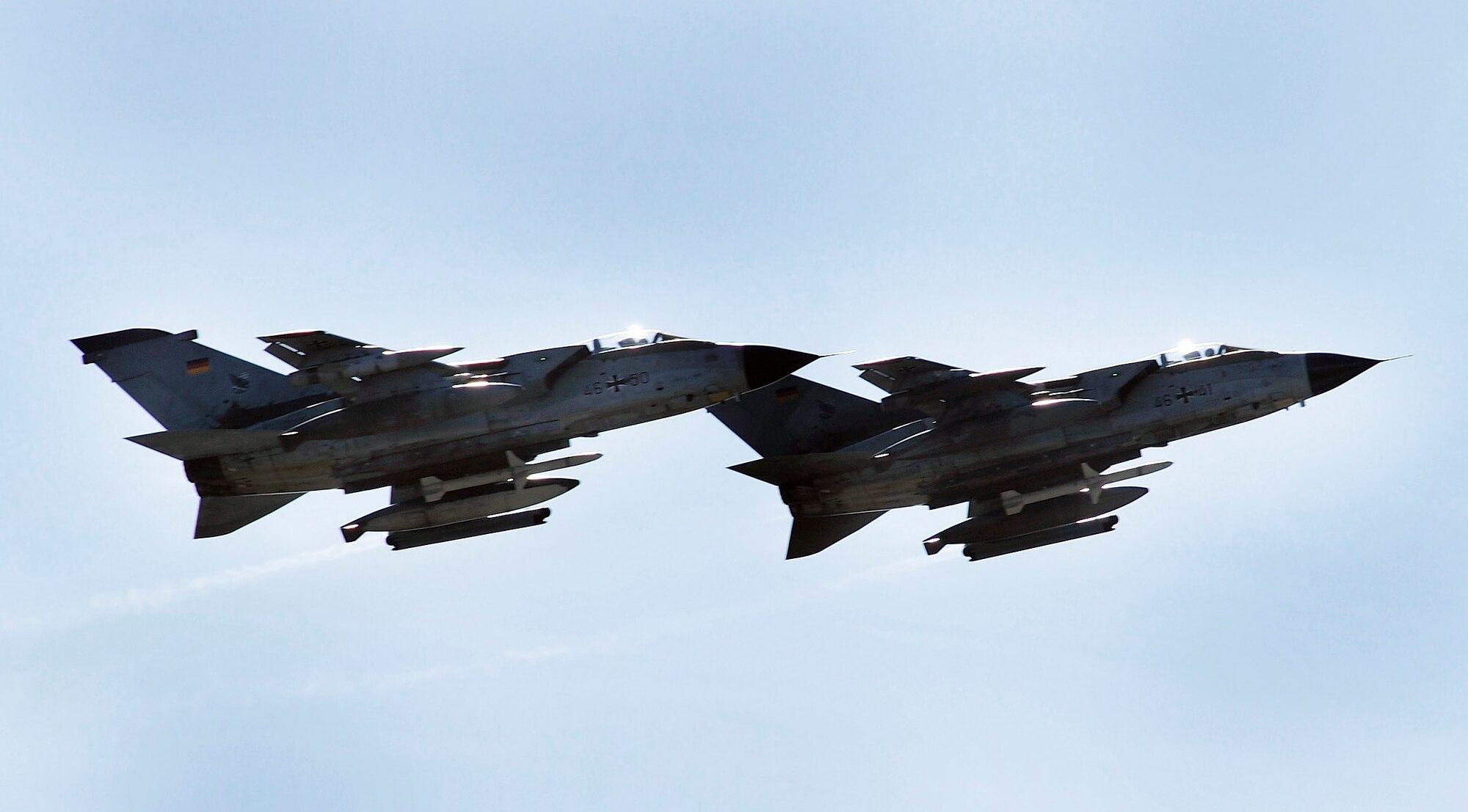 Two German Tornados fly over the flight line June 9 during Red Flag-Alaska 08-3 at Eielson Air Force Base, Alaska. Red Flag-Alaska is a series of Pacific Air Forces commander-directed field training exercises for U.S. forces, providing joint offensive counter-air, interdiction, close-air-support, and large force-employment training in a simulated combat environment. (U.S. Air Force photo/Airman 1st Class Christopher Griffin)