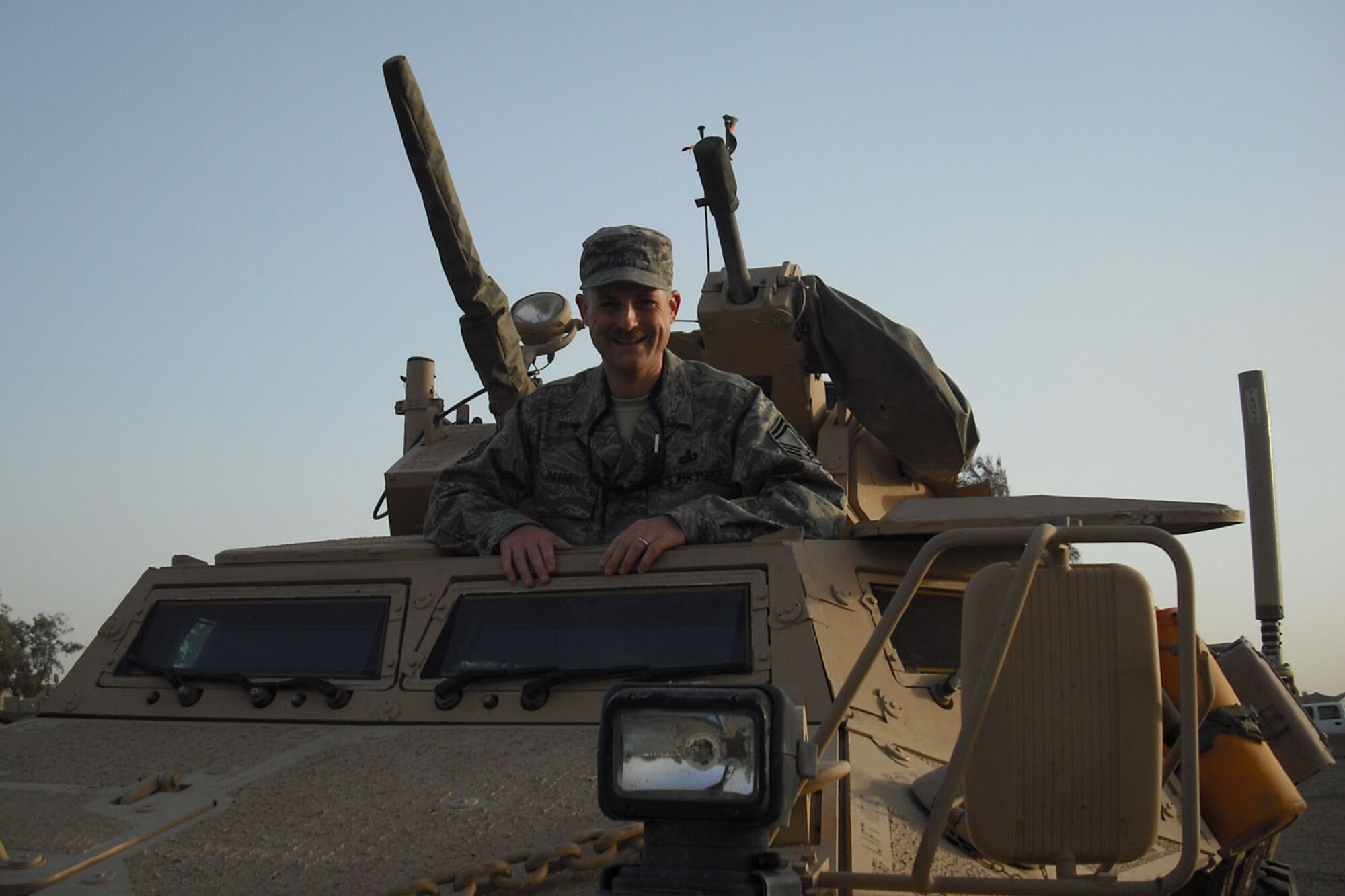 SEYMOUR JOHNSON AIR FORCE BASE, N.C. -- Senior Master Sgt. Bryan Payne, currently deployed to Iraq, 'test drives' an Army Cavalry Scout vehicle. Sgt. Payne is assigned as a Reservist to the 916th Air Refueling Squadron, Air Force Reserve and is currently working in Balad as the communications superintendent. 