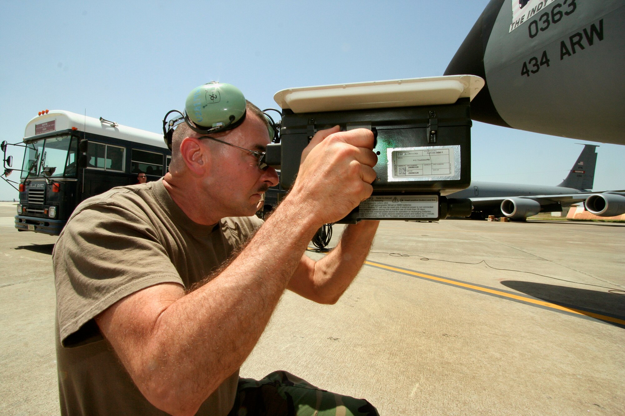 INCIRLIK AIR BASE, TURKEY --  Tech. Sgt. Mark Wilson, an avionics guidance and control specialist with the 434th Aircraft Maintenance Squadron, performs a check to ensure the friend or foe features on the KC-135 are operating correctly before a KC-135R from Grissom it is taken out on a refueling mission at Incirlik. (U.S. Air Force photo/Tech. Sgt. Patrick Kuminecz)