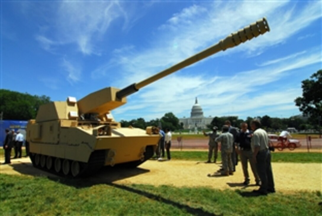 Prototype 1 of the Non-Line-of-Sight Cannon was unveiled, June 11, 2008, on Capitol Hill, Washington, D.C. U.S. Army scientists will put a total of eight prototypes through rigorous testing to ensure they meet performance requirements. U.S. Senator Jim Inhofe from Oklahoma, Secretary of the Army Pete Geren, and Chief of Staff of the Army Gen. George Casey Jr., viewed the system. 